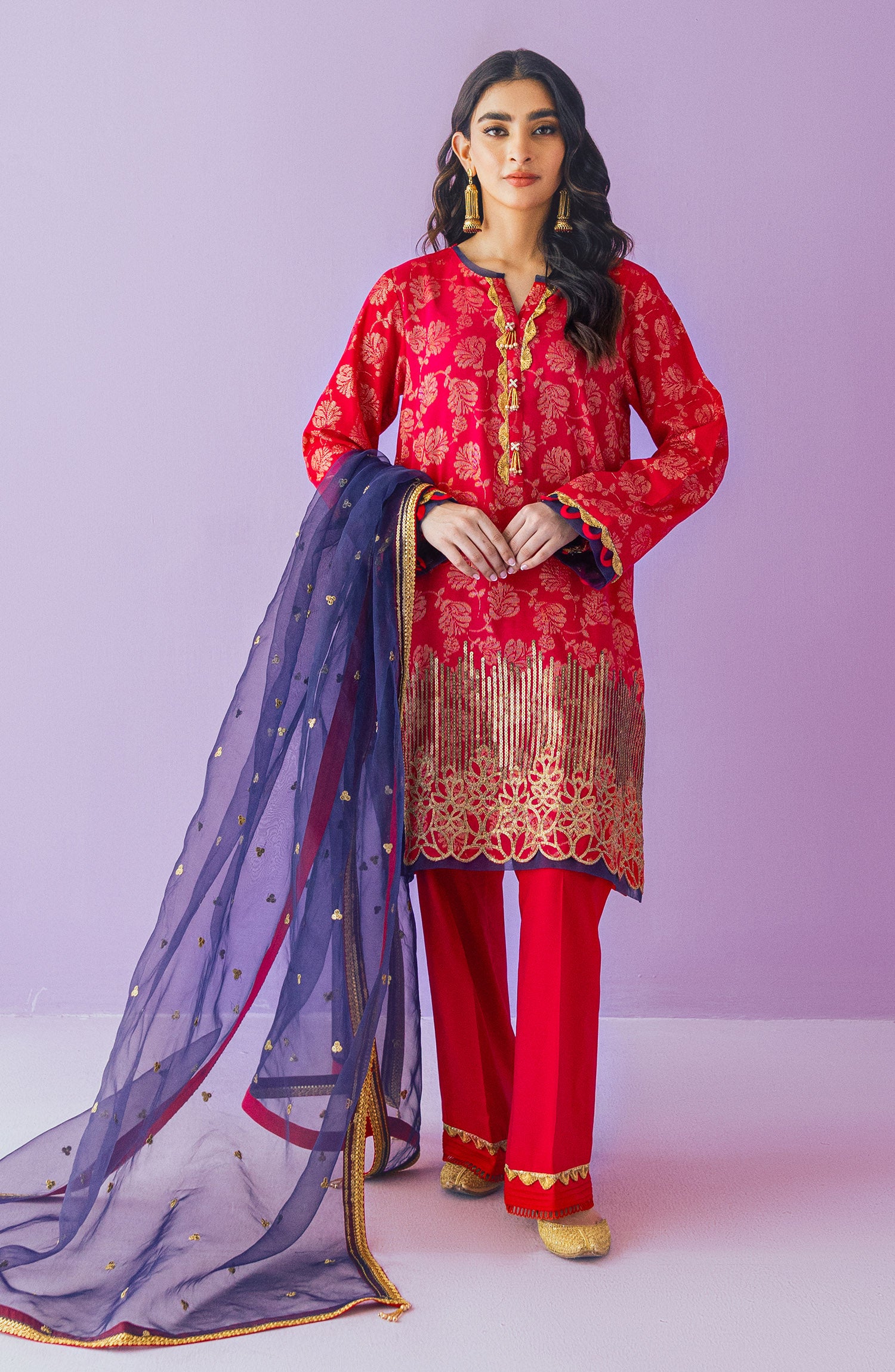 OTLF-23-048 RED JACQUARD  UNSTITCHED SHIRT DUPATTA PANTS