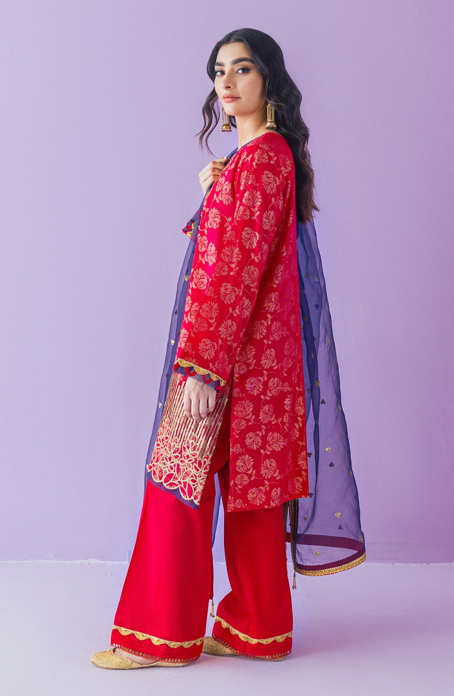 OTLF-23-048 RED JACQUARD  UNSTITCHED SHIRT DUPATTA PANTS