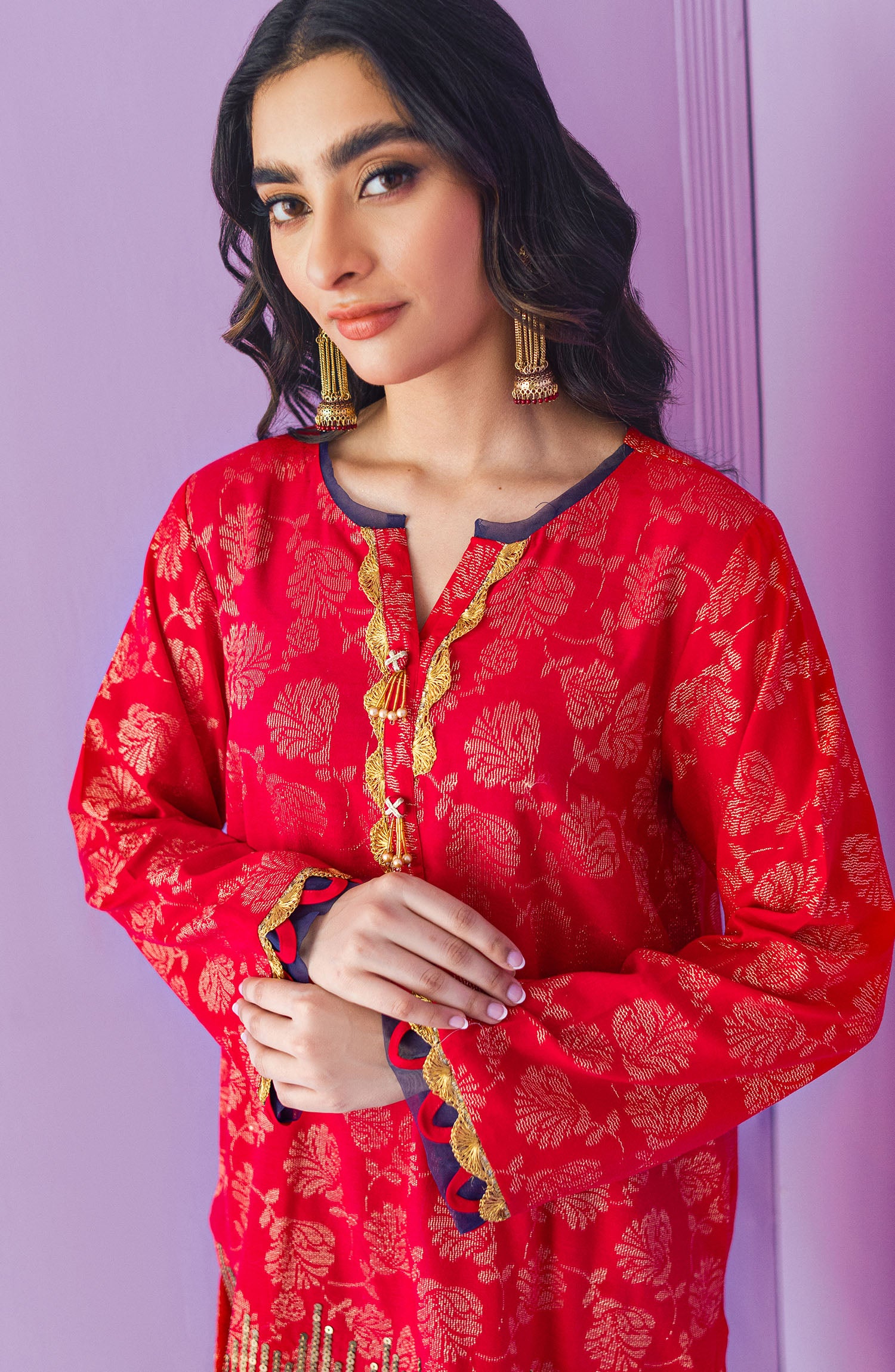 OTLF-23-048 RED JACQUARD  UNSTITCHED SHIRT DUPATTA PANTS