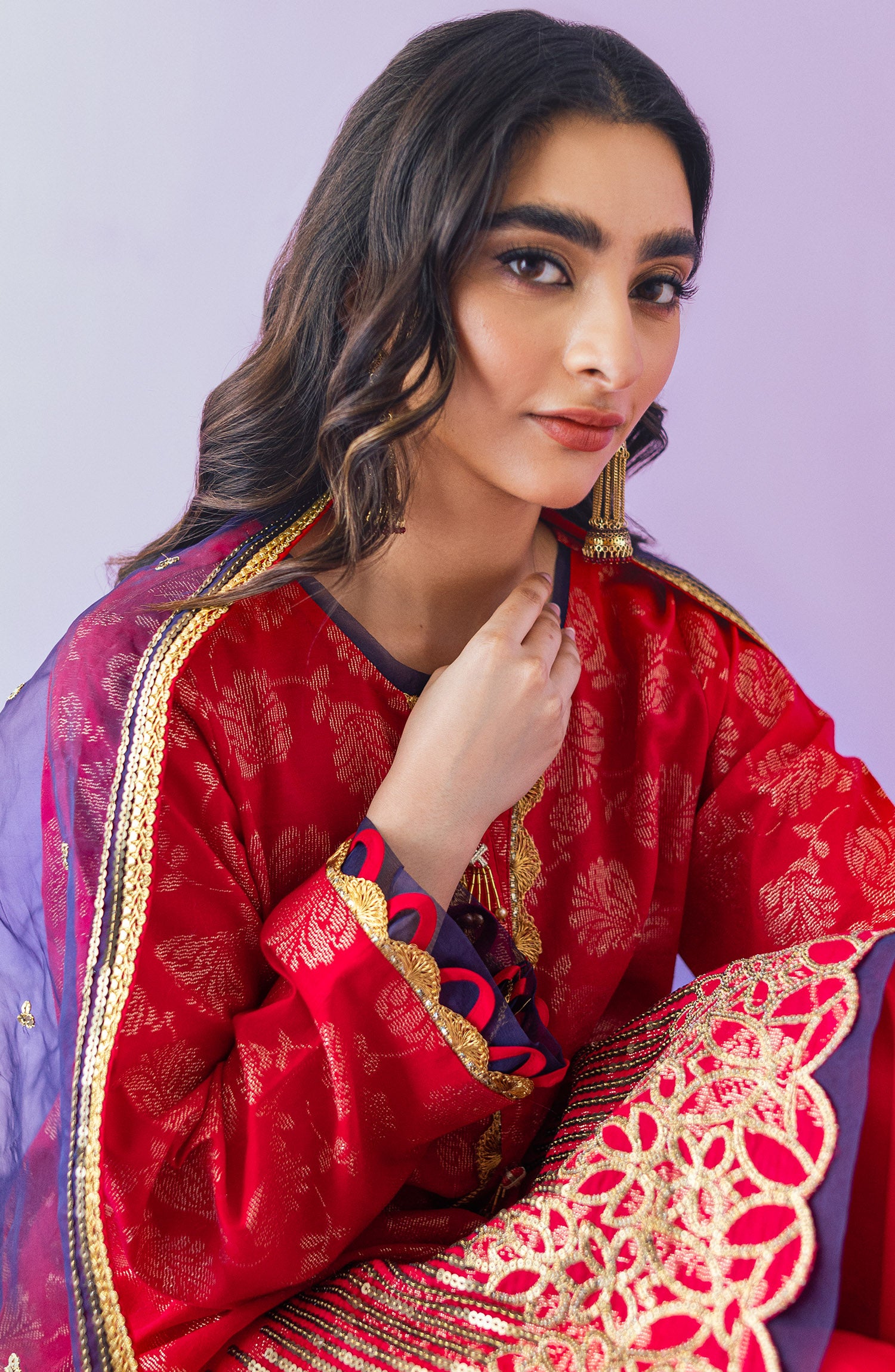 OTLF-23-048 RED JACQUARD  UNSTITCHED SHIRT DUPATTA PANTS