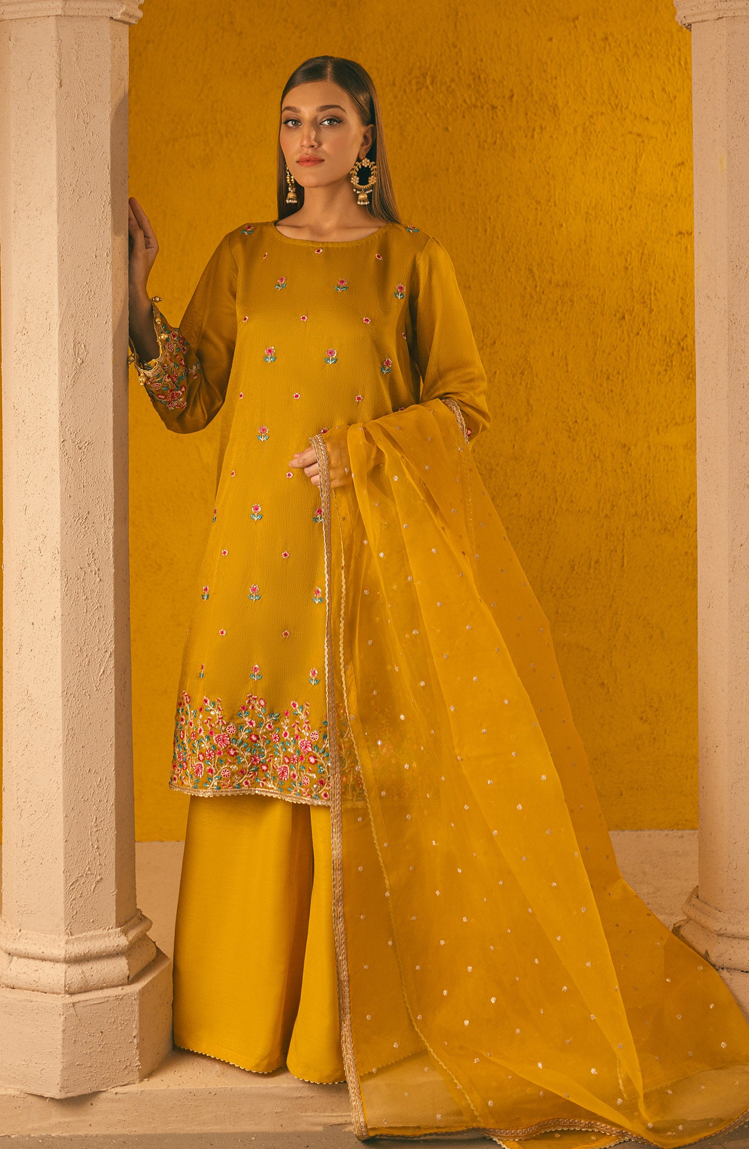 NF-SDT-23-021 MUSTARD COTTON NET  READY TO WEAR SHIRT DUPATTA PANTS