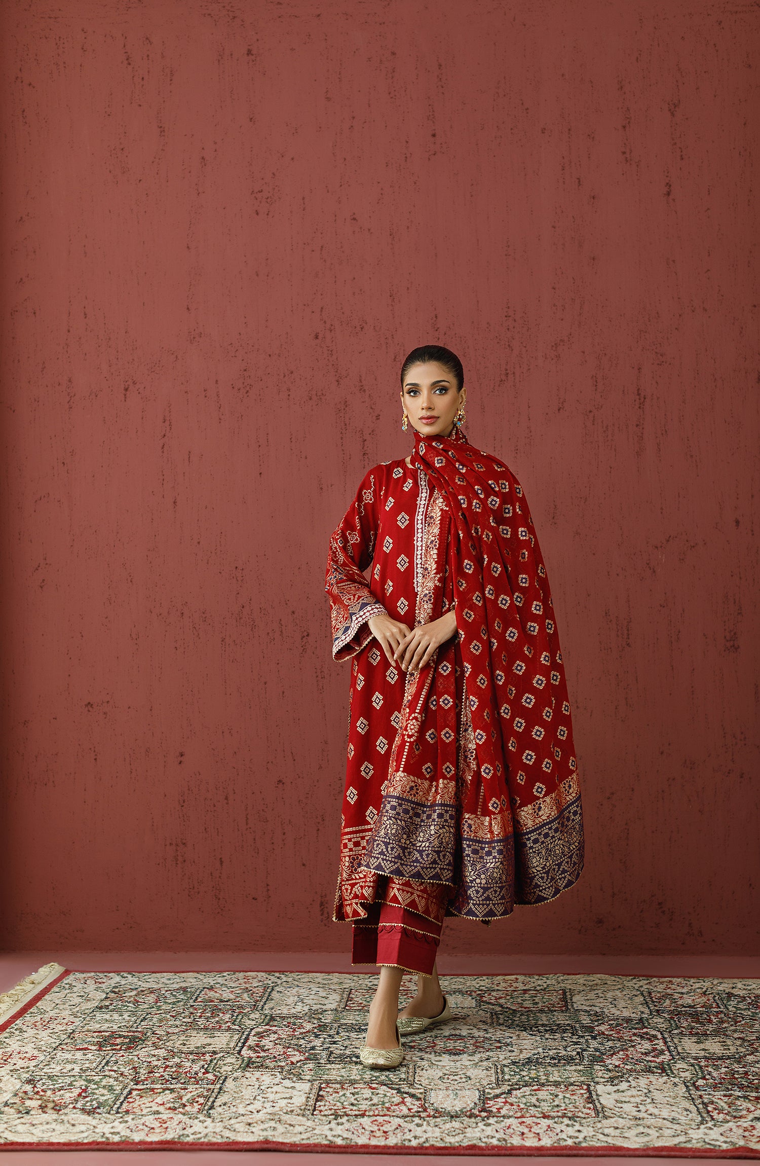 Stitched 3 Piece Embroidered Jacquard Shirt , Cambric Pant and JACQUARD Dupatta (OTLF-23-076/S MAROON)