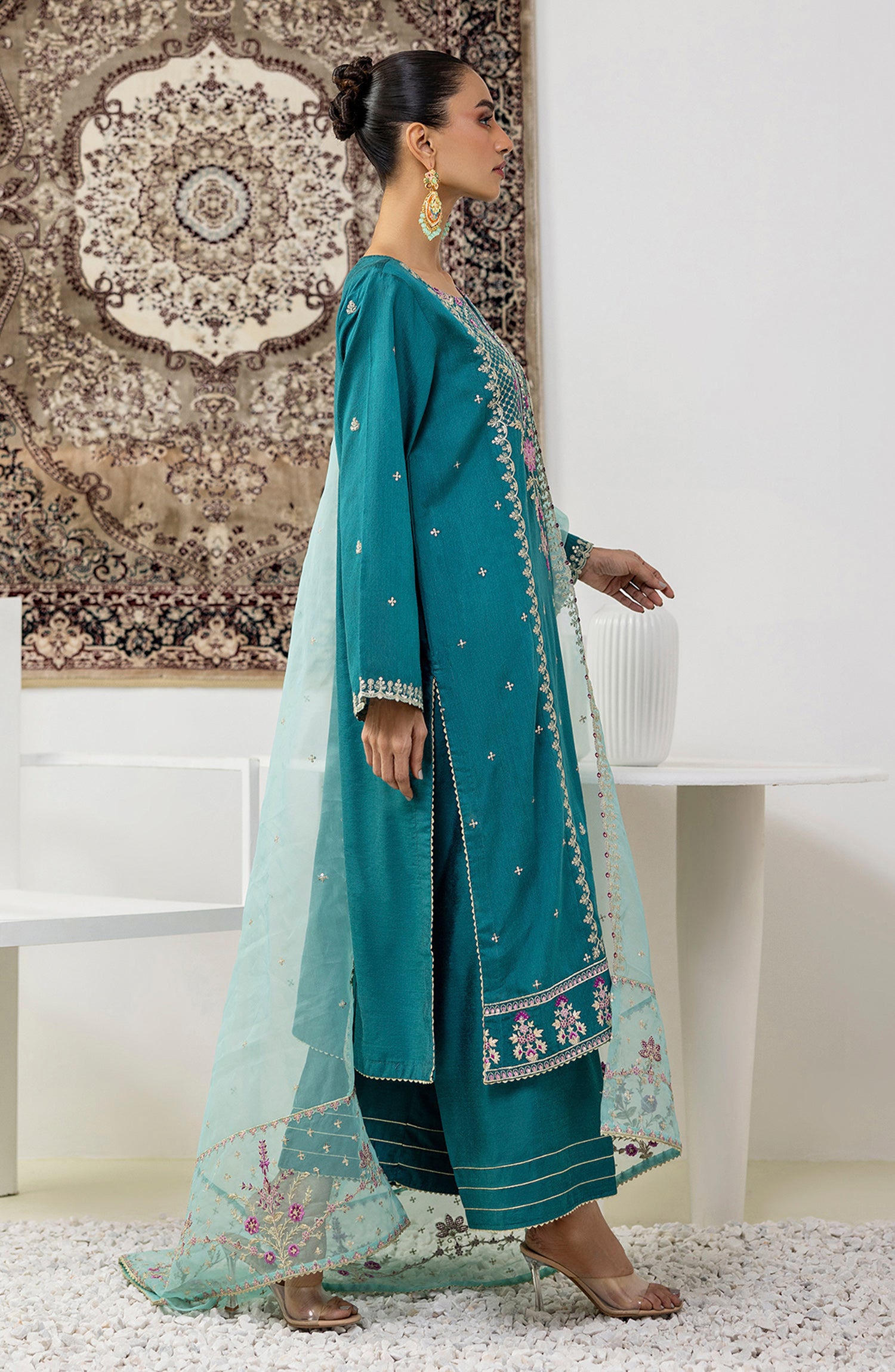 NF-SDT-23-019 TEAL KHADDI NET Women READY TO WEAR SHIRT DUPATTA PANTS