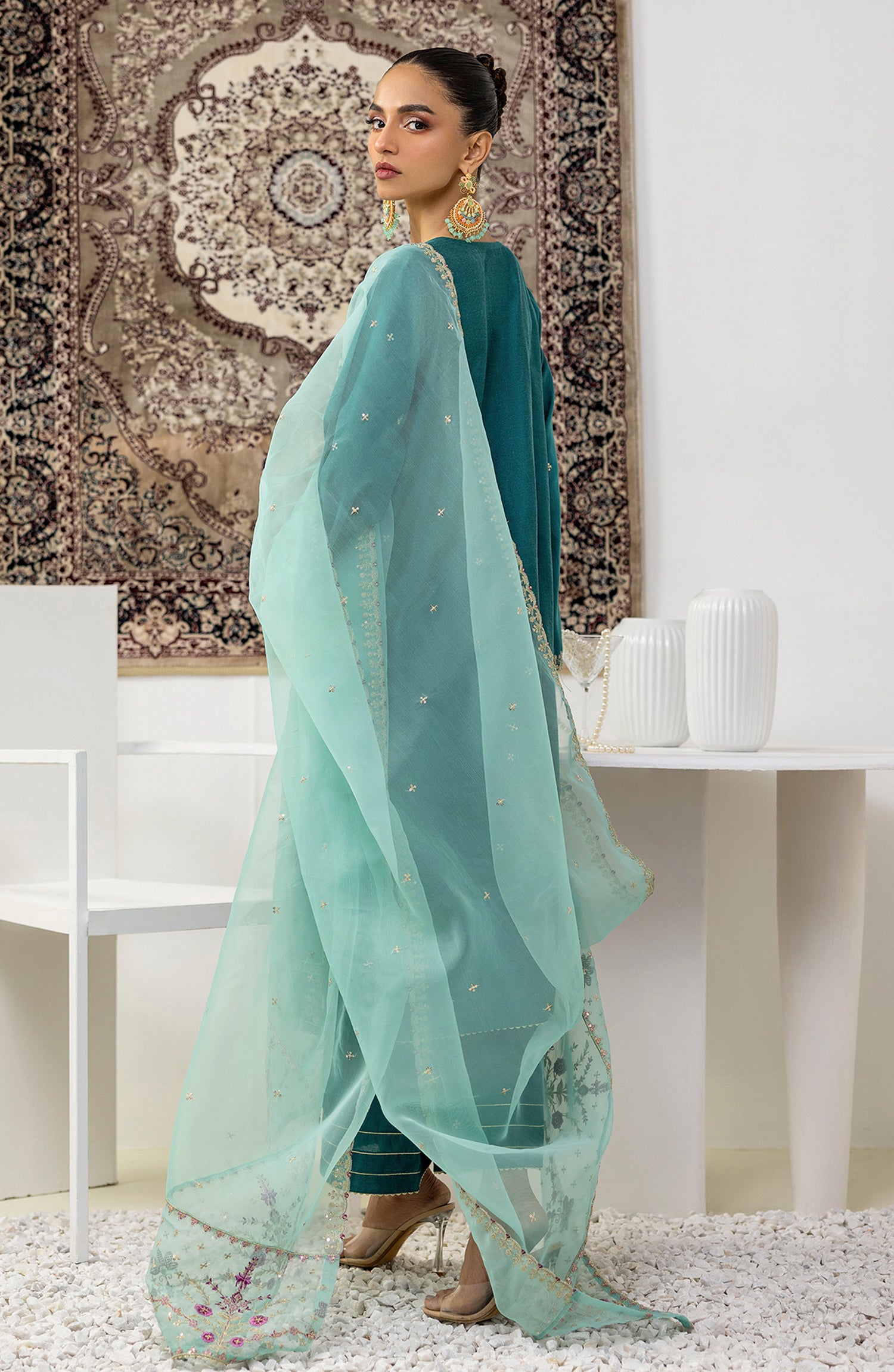 NF-SDT-23-019 TEAL KHADDI NET Women READY TO WEAR SHIRT DUPATTA PANTS
