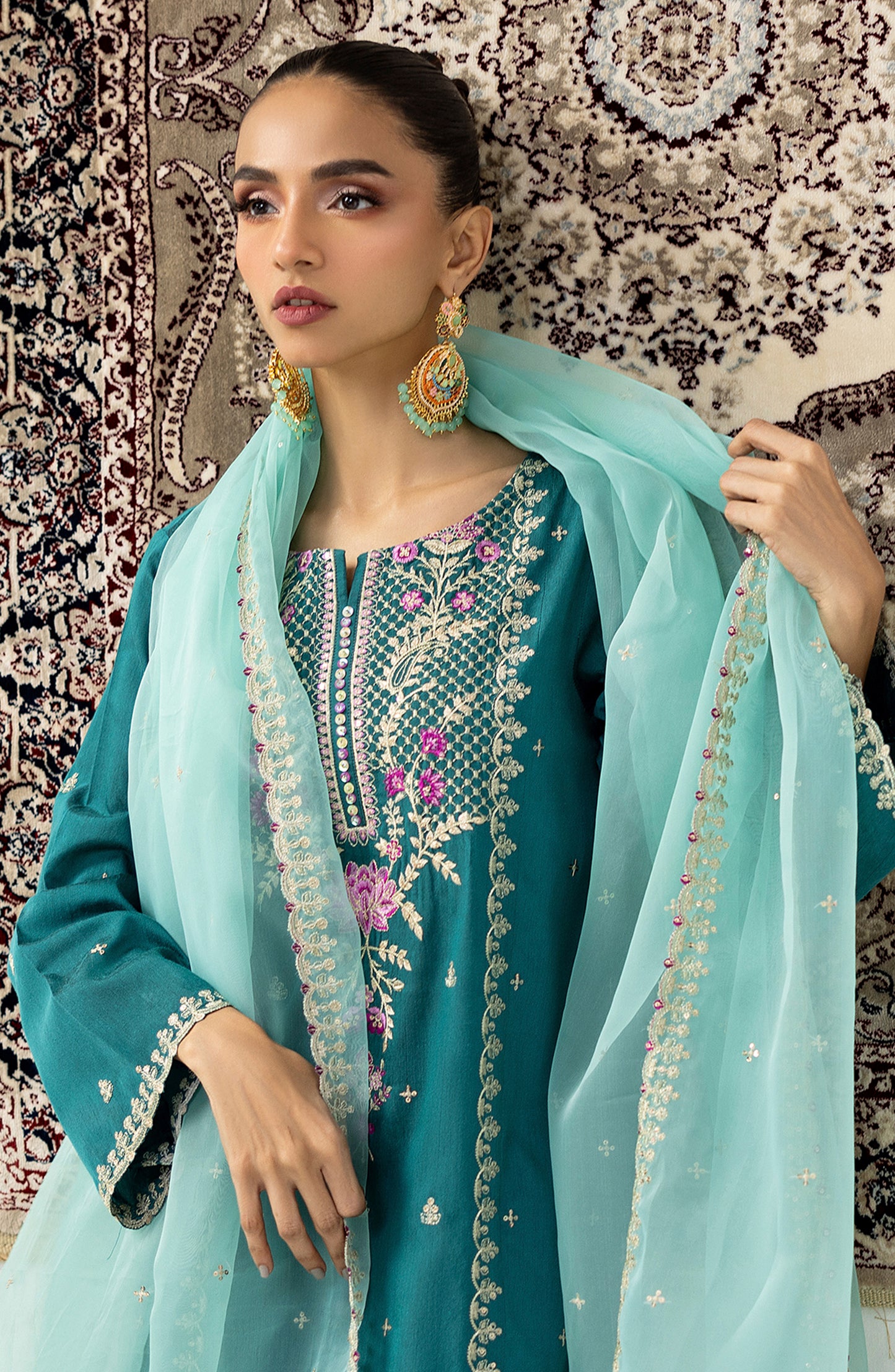 NF-SDT-23-019 TEAL KHADDI NET Women READY TO WEAR SHIRT DUPATTA PANTS