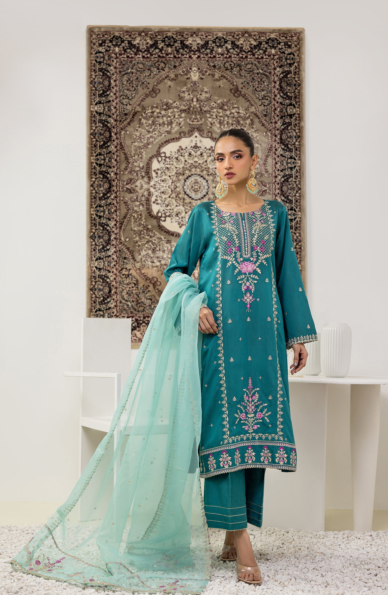 Stitched 3 Piece Embroidered Cotton Silk Shirt , Cotton Silk Pant and Organza Dupatta (NF-SDT-23-019 TEAL)