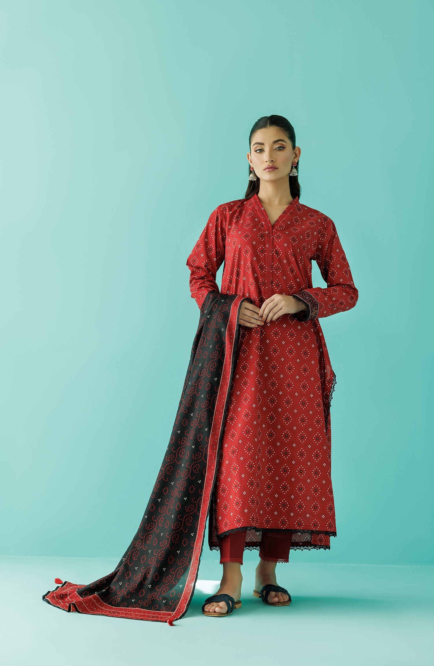 Stitched 3 Piece Printed Lawn Shirt , Cambric Pant and Lawn Dupatta (OTL-24-058/S RED)