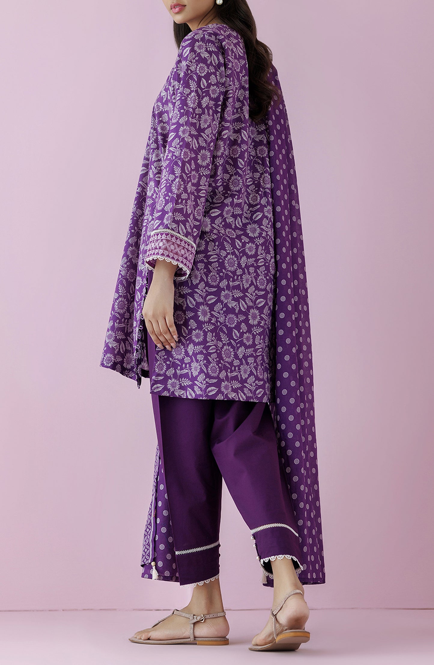 Purple traditional outfit with matching dupatta on a plain traditional shalwar. Unstitched Printed Lawn Shirt Dupatta & Pant - 3 Piece Suits - OTL-20175