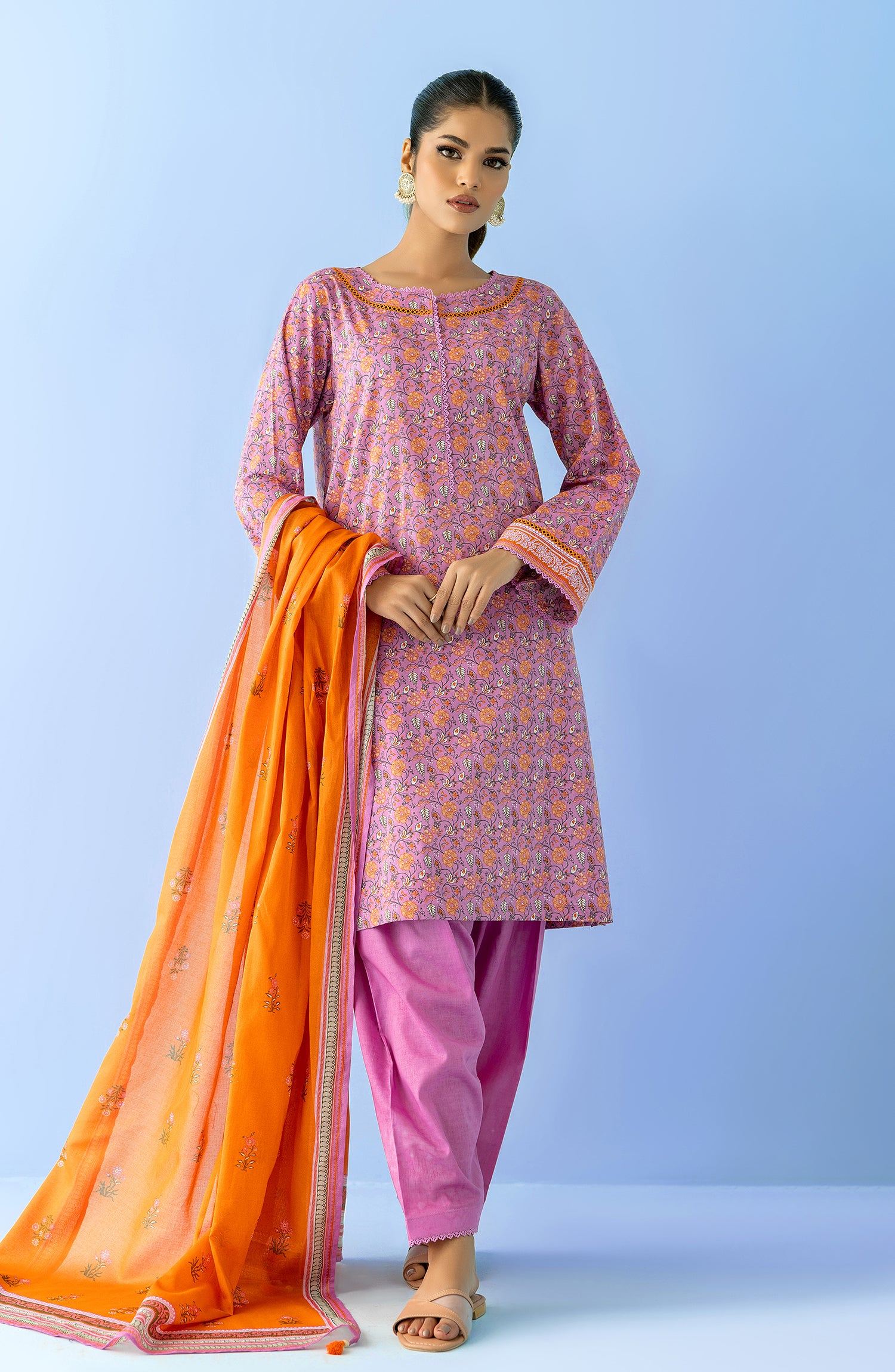 Stitched 3 Piece Printed Lawn Shirt , Cambric Pant and Lawn Dupatta (OTL-24-081/S PURPLE)