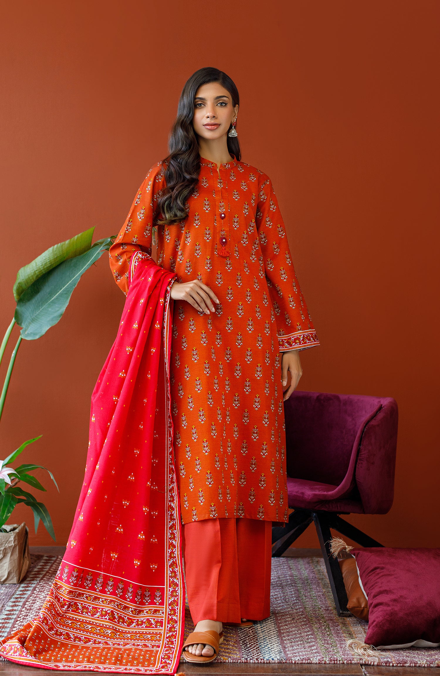 OTL-23-325/U RUST KHADDAR Women UNSTITCHED SHIRT DUPATTA PANTS