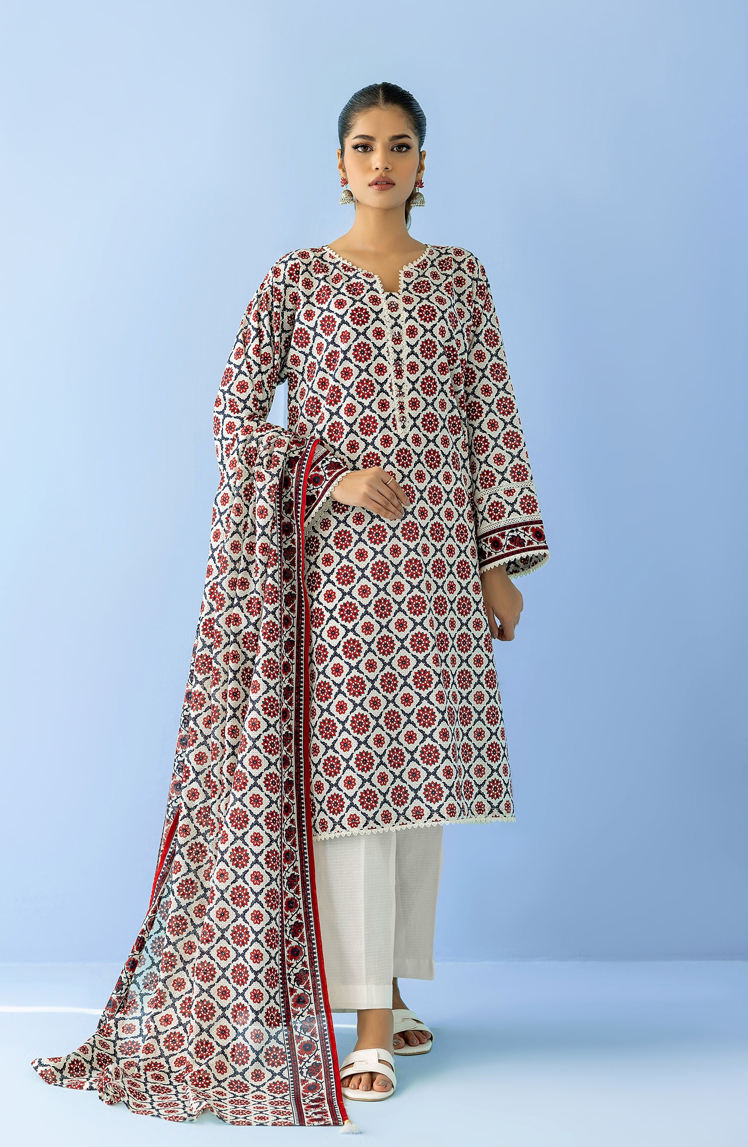 Stitched 2 Piece Printed Lawn Shirt and Lawn Dupatta (NRDS-24-032/S BEIGE)