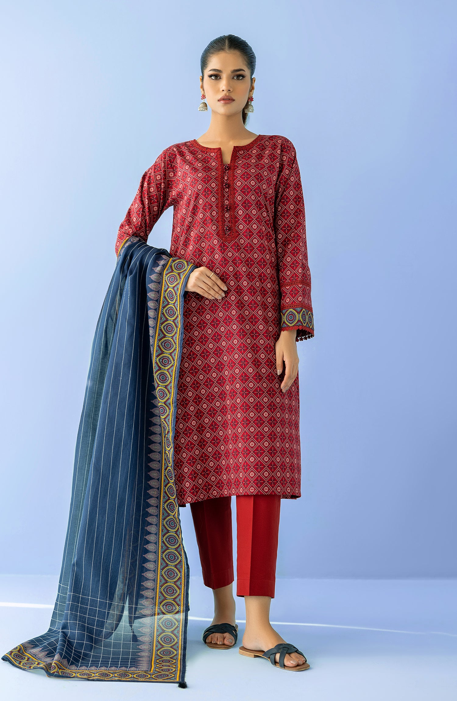 Stitched 3 Piece Printed Lawn Shirt , Cambric Pant and Lawn Dupatta (OTL-24-082/S MAROON)