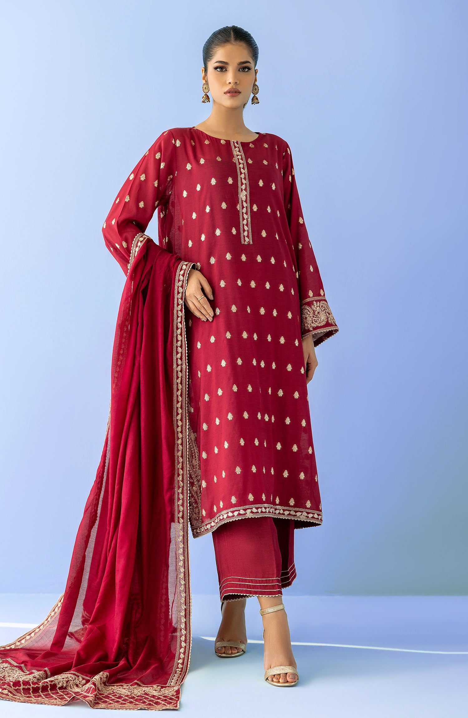 Unstitched 3 Piece Embroidered Jacquard Shirt , Raw Silk Pant and Raw Silk Dupatta (OTLF-23-071 RED)
