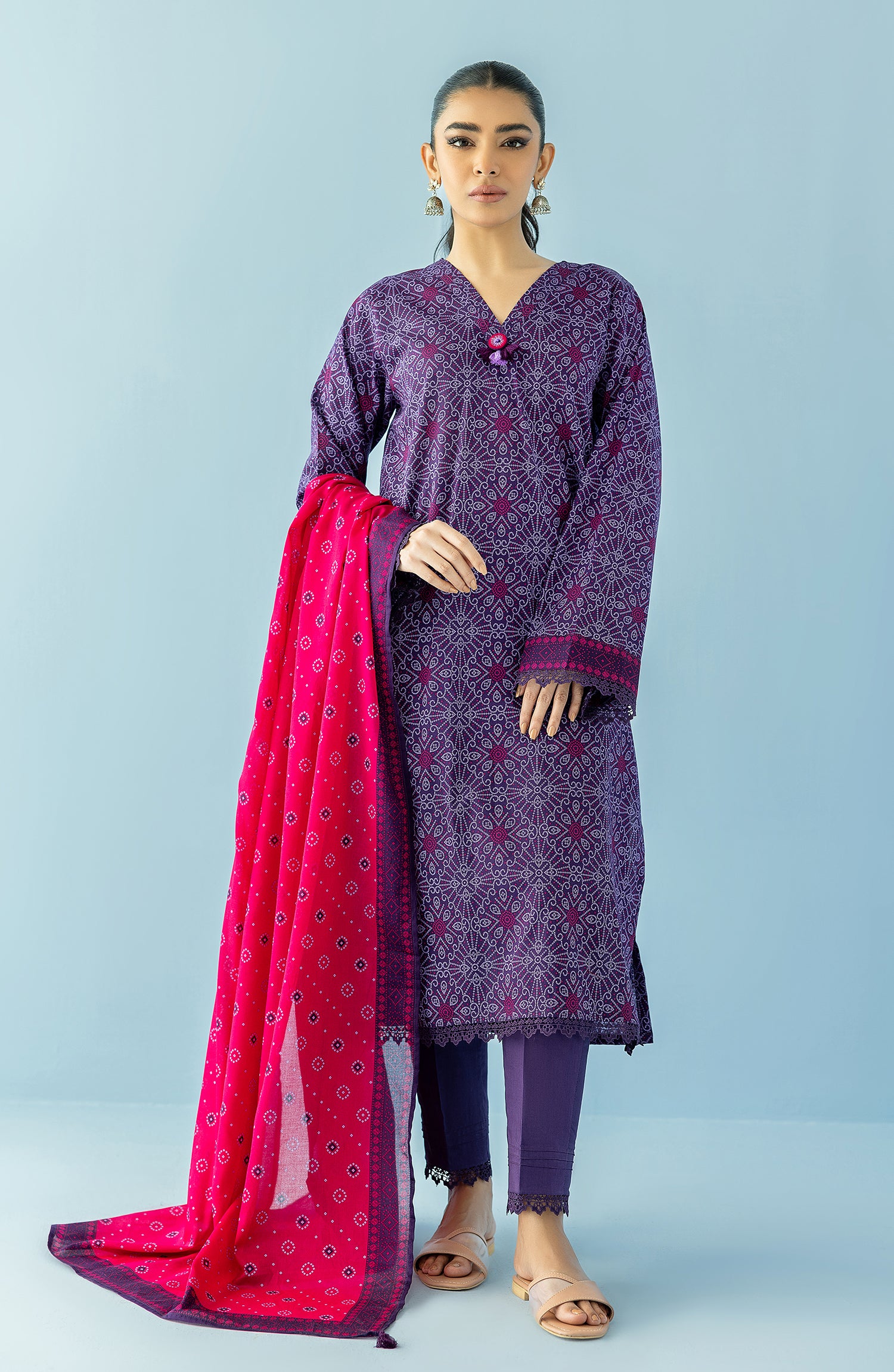 Stitched 3 Piece Printed Lawn Shirt , Cambric Pant and Lawn Dupatta (OTL-24-048/S PURPLE)