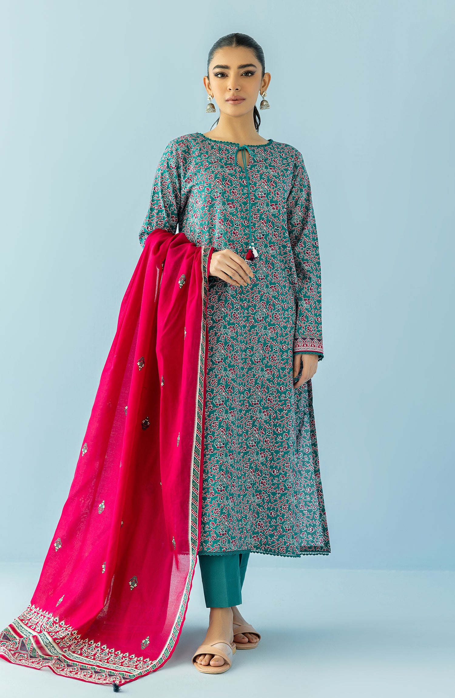 Stitched 3 Piece Printed Lawn Shirt , Cambric Pant and Lawn Dupatta (OTL-24-012/S GREEN)