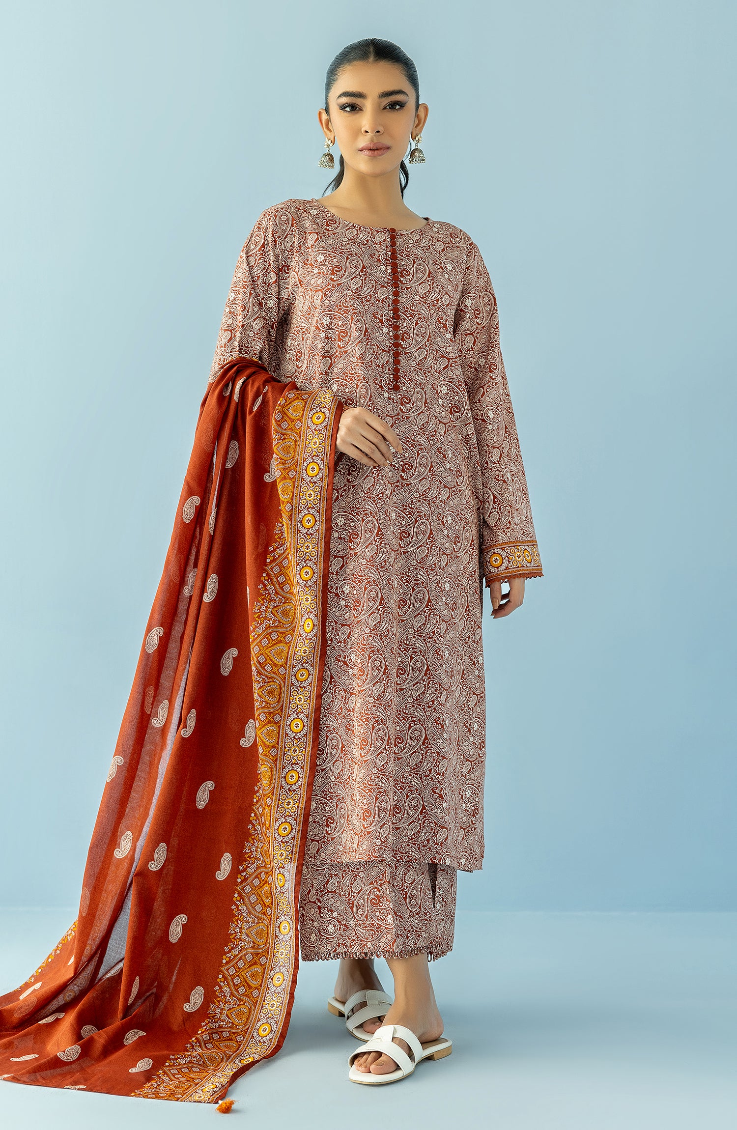 Stitched 3 Piece Printed Lawn Shirt , Cambric Pant and Lawn Dupatta (OTL-24-070/S BROWN)