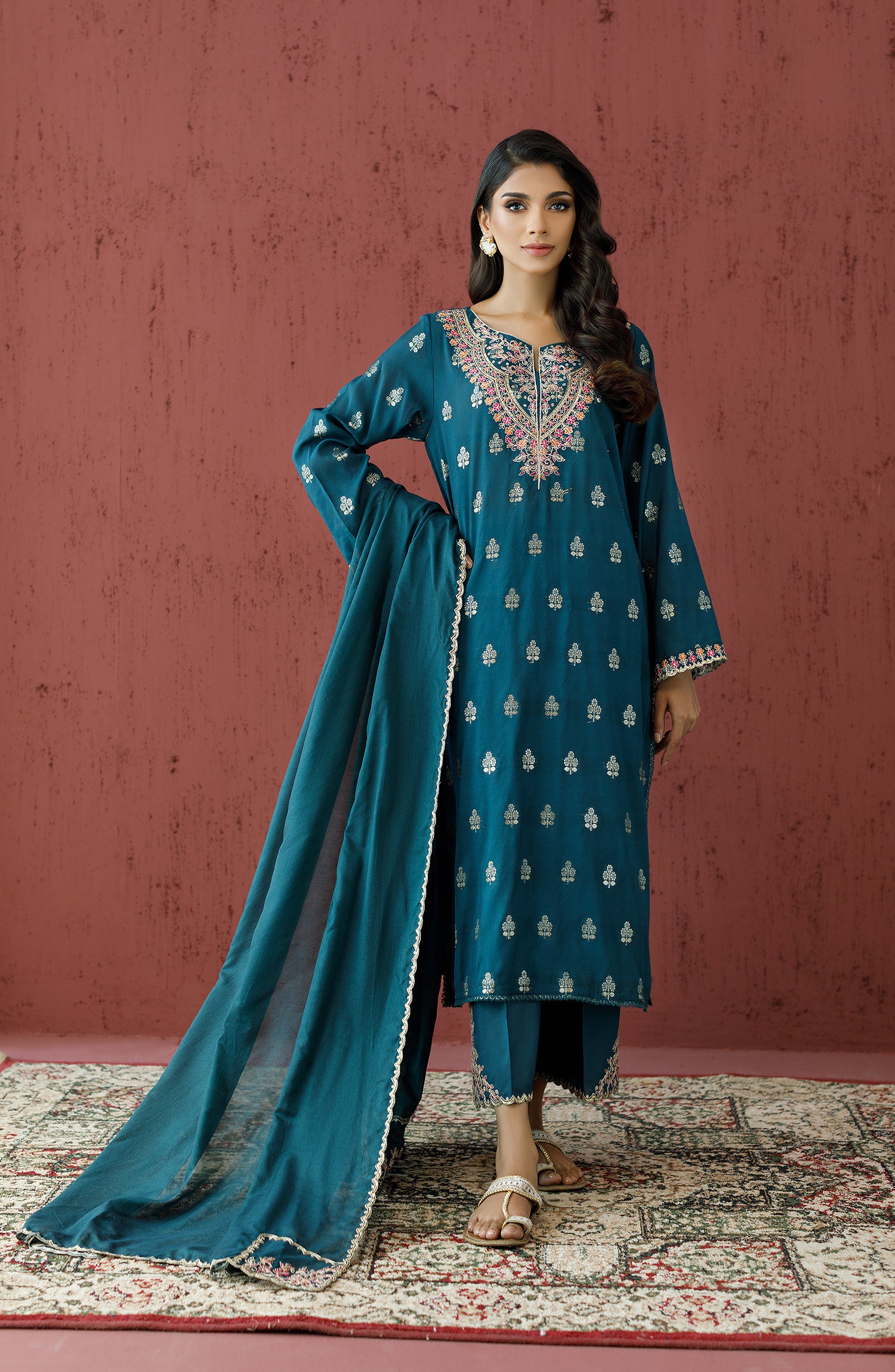 Stitched 3 Piece Embroidered Jacquard Shirt , Raw Silk Pant and Raw Silk Dupatta (OTLF-23-072/S GREEN)