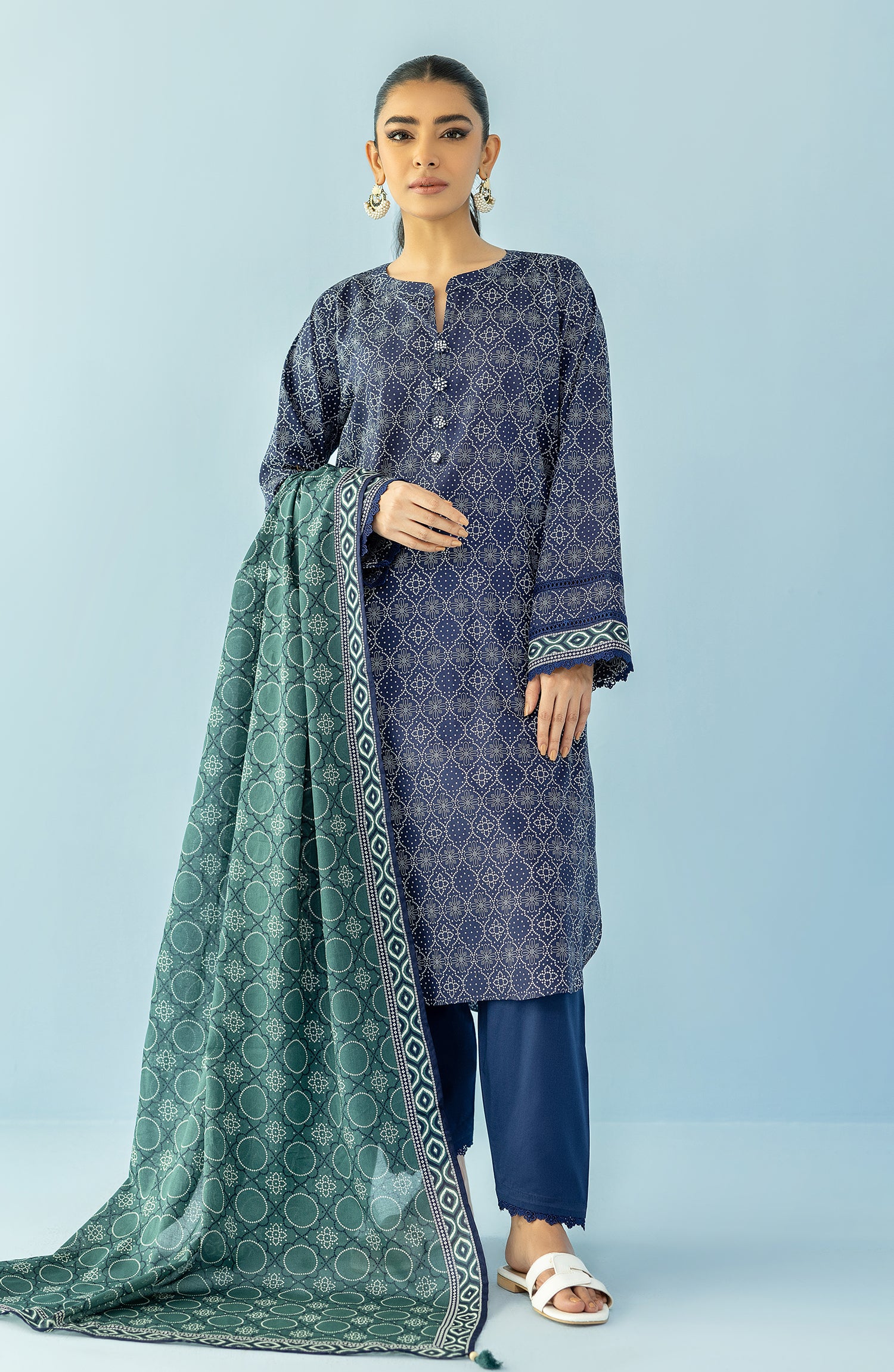 Stitched 3 Piece Printed Lawn Shirt , Cambric Pant and Lawn Dupatta (OTL-24-065/S BLUE)