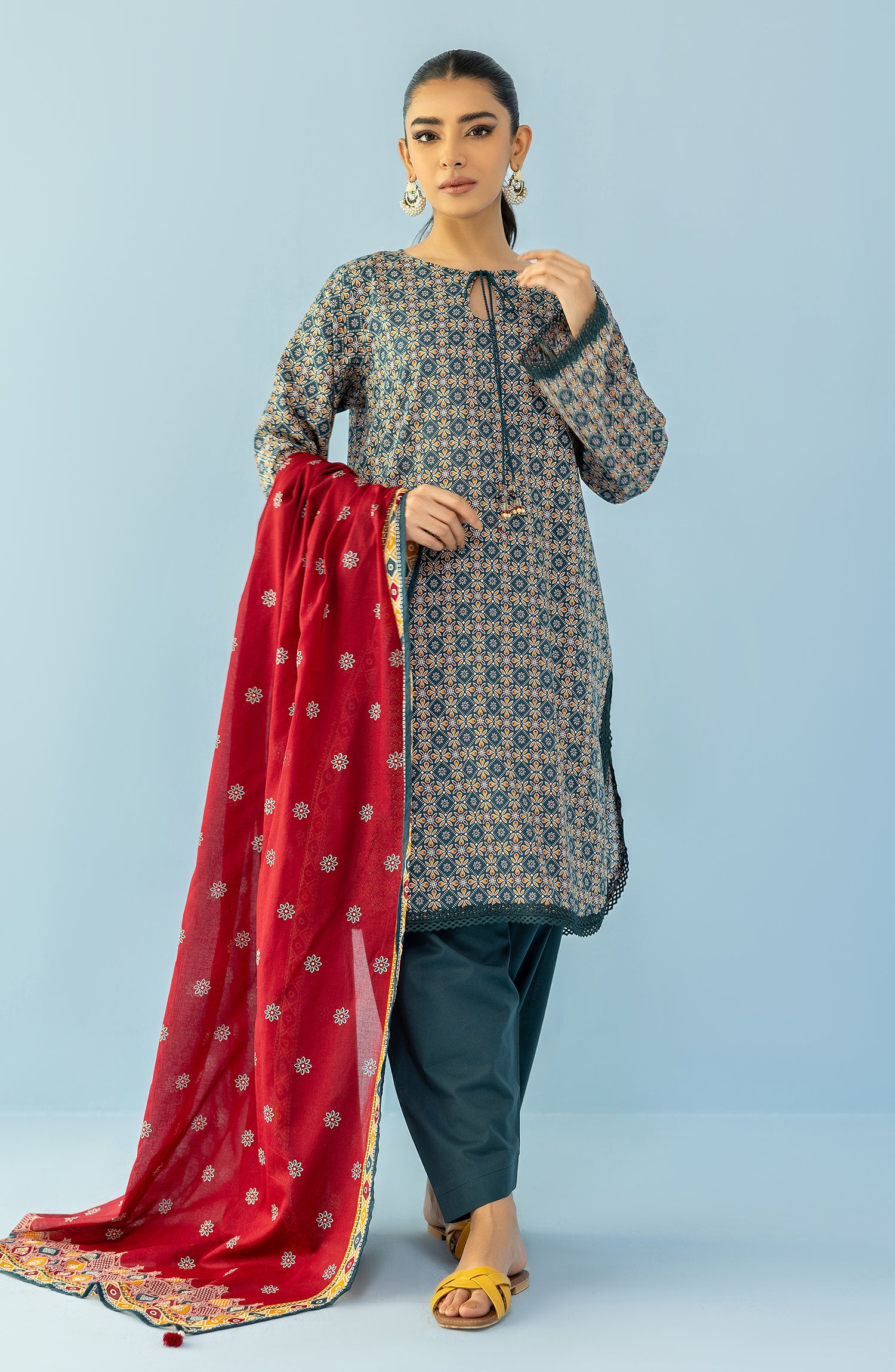 Stitched 3 Piece Printed Lawn Shirt , Cambric Pant and Lawn Dupatta (OTL-24-059/S GREEN)