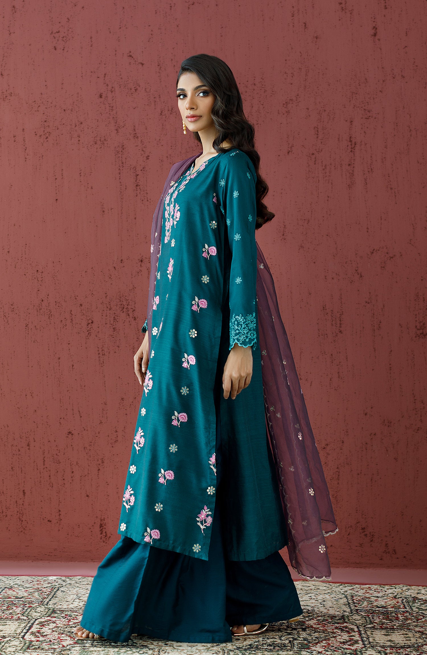 Stitched 3 Piece Embroidered Cotton Silk Shirt , Cotton Silk Pant and Organza Dupatta (WRFC23W-3004)