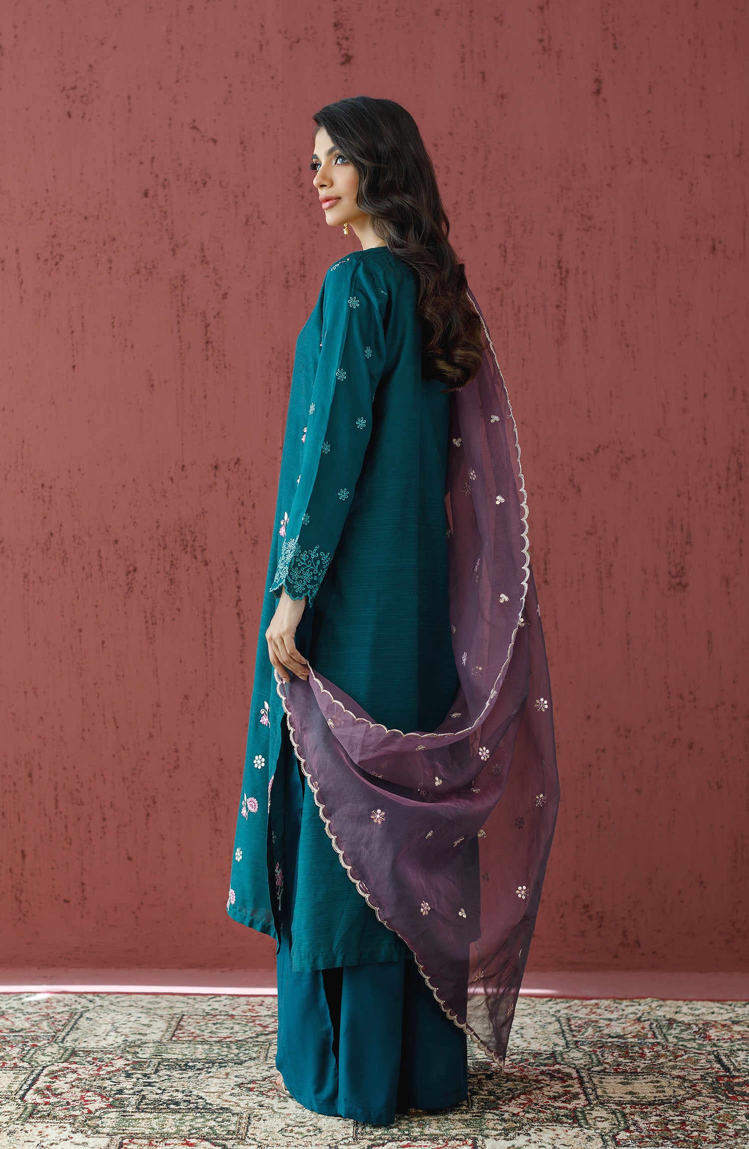 Stitched 3 Piece Embroidered Cotton Silk Shirt , Cotton Silk Pant and Organza Dupatta (WRFC23W-3004)