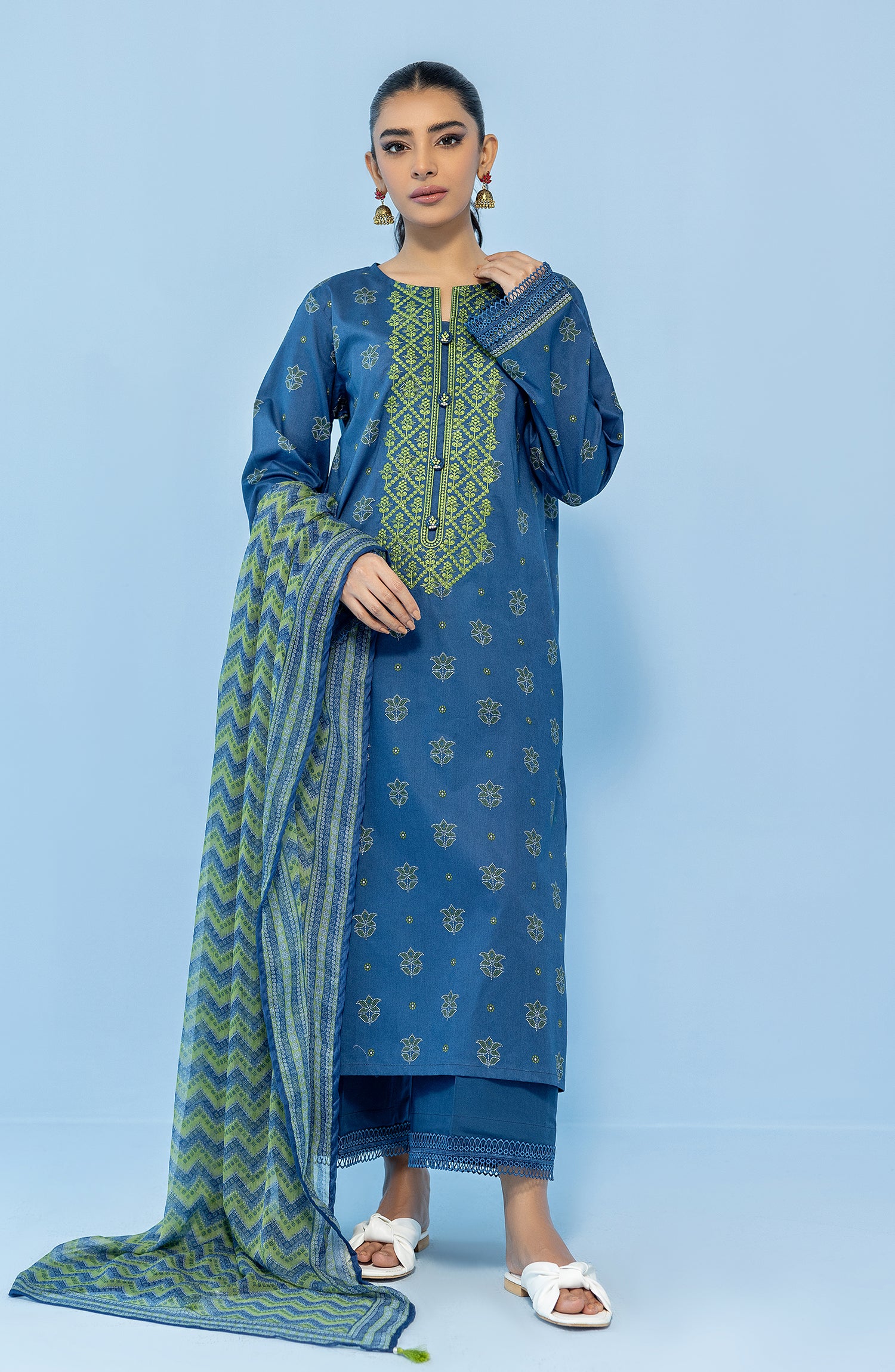 Stitched 3 Piece Printed Embroidered Lawn Shirt , Cambric Pant and Chiffon Dupatta (OTL-24-042/S BLUE)