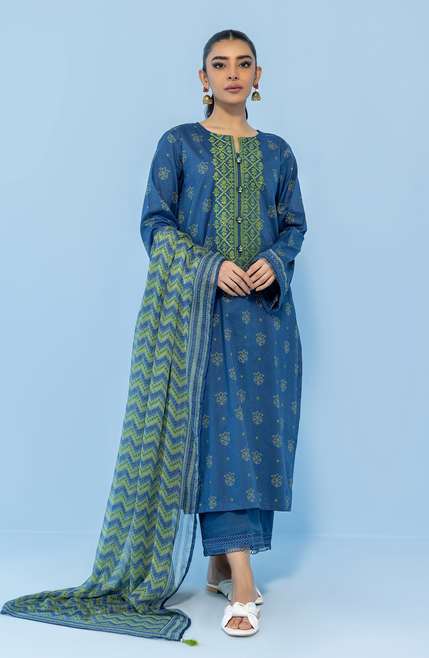 Stitched 3 Piece Printed Embroidered Lawn Shirt , Cambric Pant and Chiffon Dupatta (OTL-24-042/S BLUE)