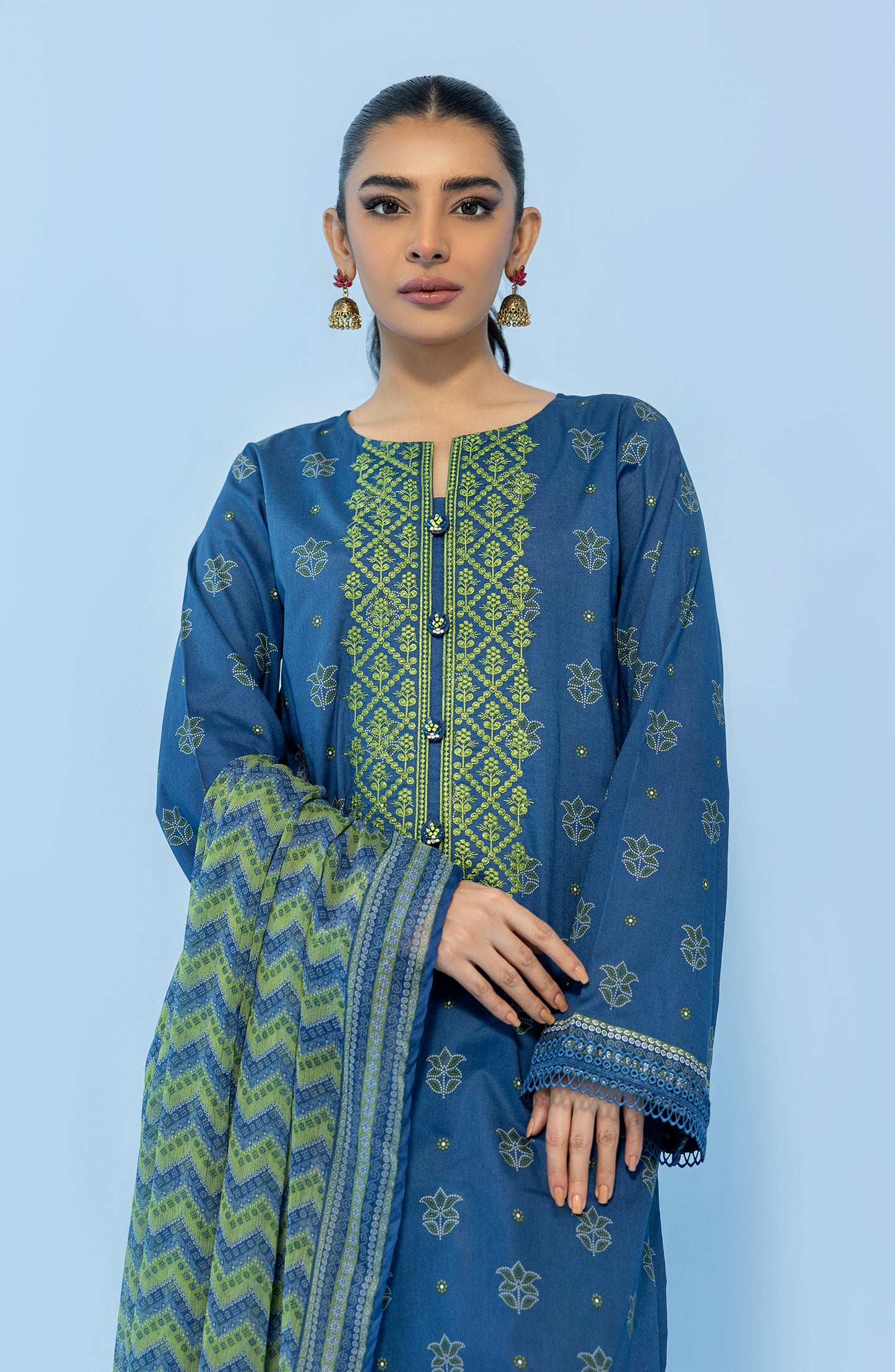 Stitched 3 Piece Printed Embroidered Lawn Shirt , Cambric Pant and Chiffon Dupatta (OTL-24-042/S BLUE)