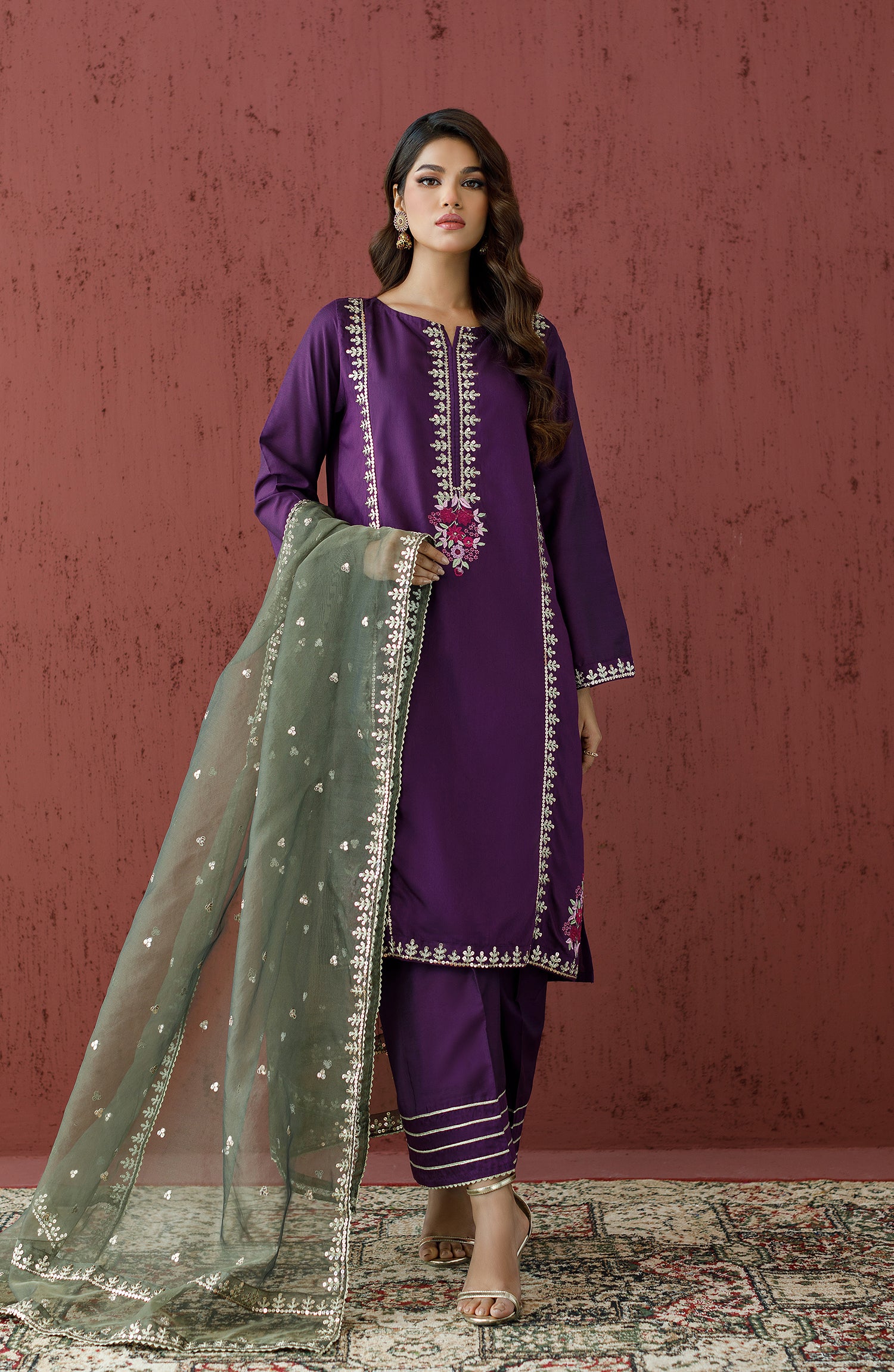 Stitched 3 Piece Embroidered Cotton Silk Shirt , Cotton Silk Pant and Organza Dupatta (WRFC23W-3005)