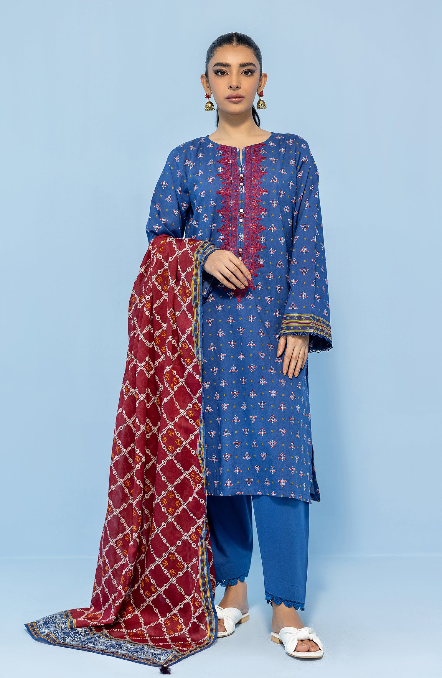 Stitched 3 Piece Printed Embroidered Lawn Shirt , Cambric Pant and Lawn Dupatta (OTL-24-019/S BLUE)