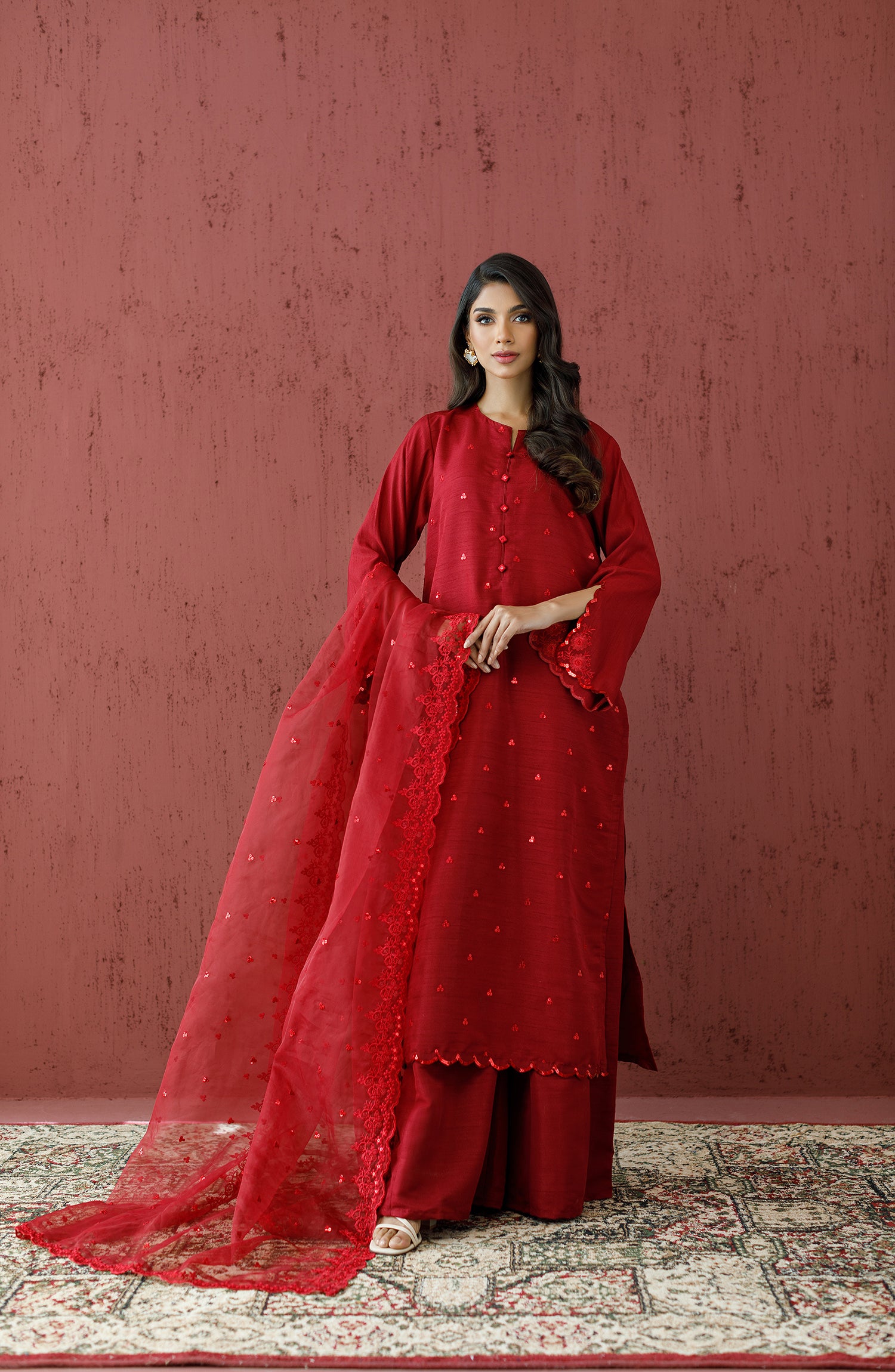 Stitched 3 Piece Embroidered Raw Silk Shirt , Raw Silk Pant and Organza Dupatta (WRFR23W-3005)