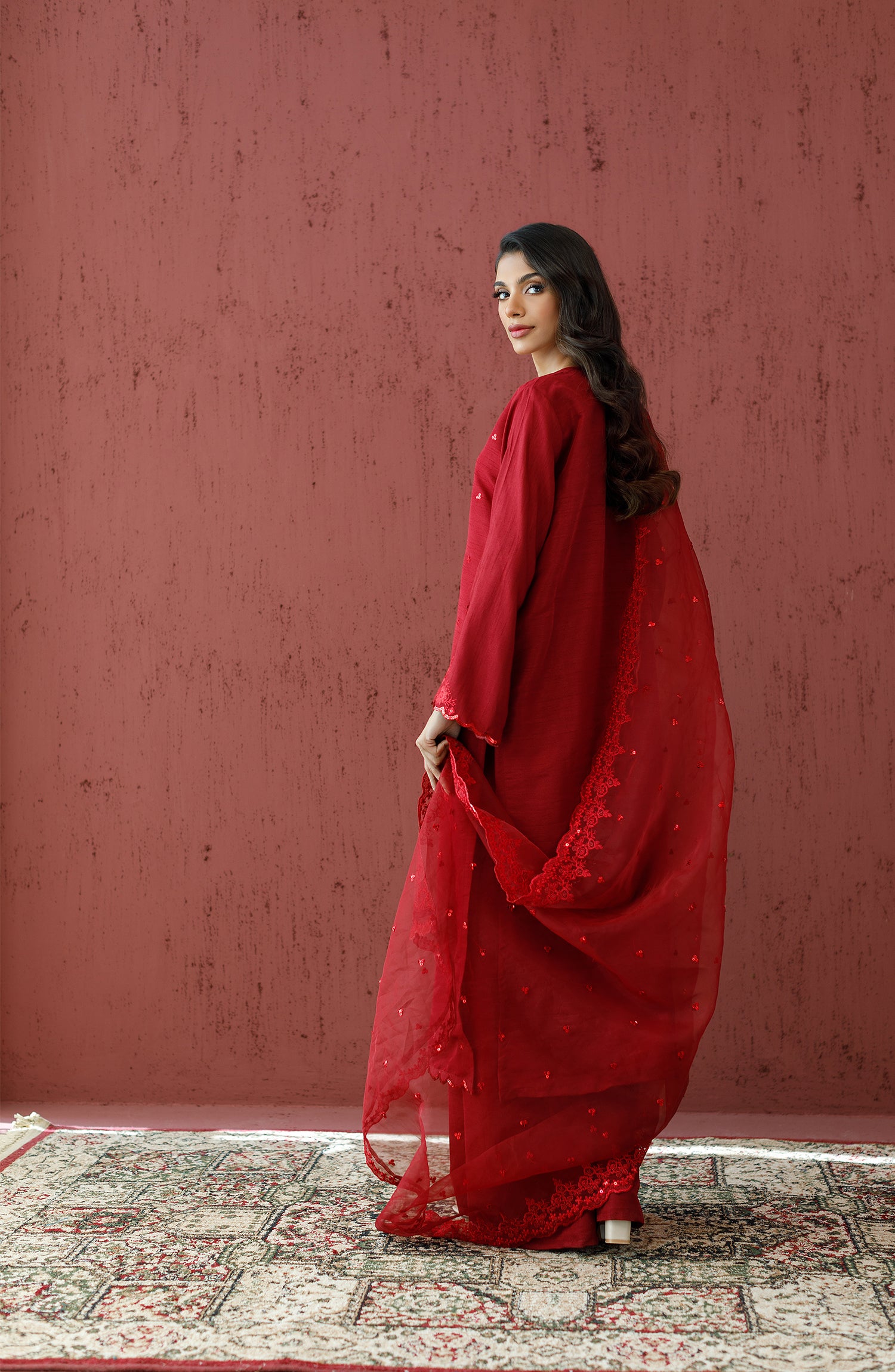 Stitched 3 Piece Embroidered Raw Silk Shirt , Raw Silk Pant and Organza Dupatta (WRFR23W-3005)