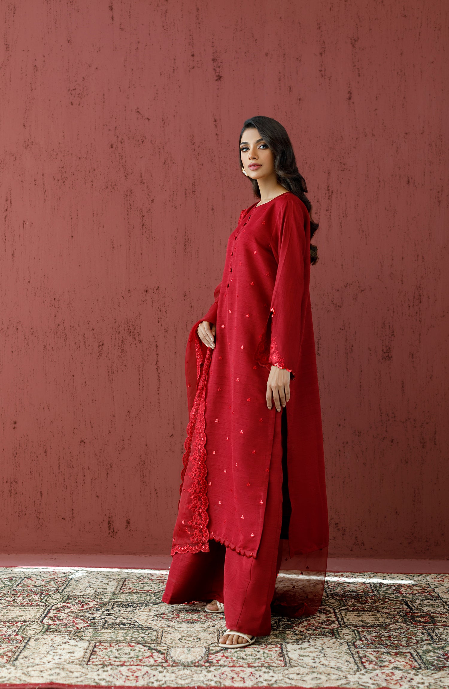 Stitched 3 Piece Embroidered Raw Silk Shirt , Raw Silk Pant and Organza Dupatta (WRFR23W-3005)