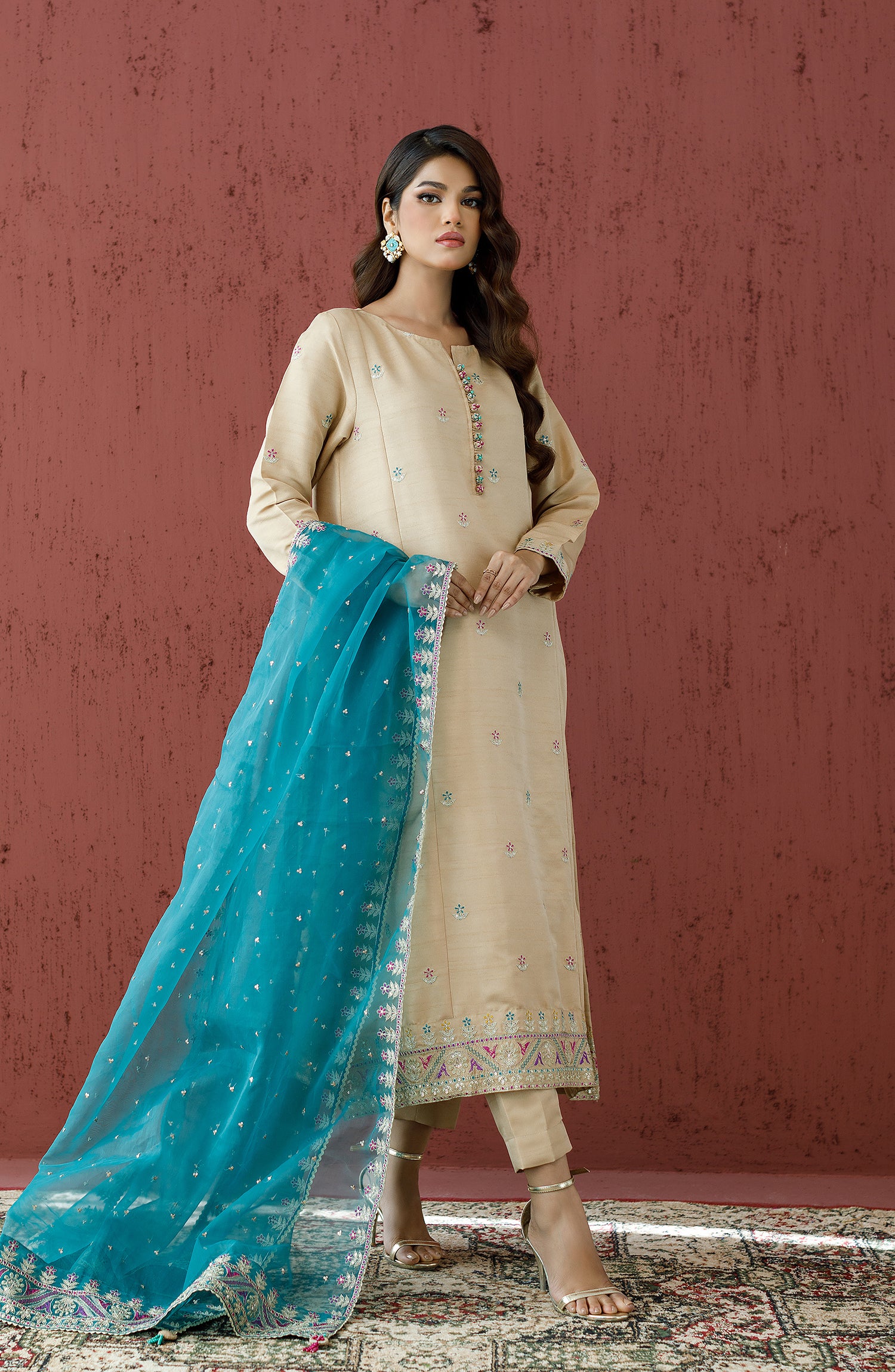 Stitched 3 Piece Embroidered Raw Silk Shirt , Raw Silk Pant and Organza Dupatta (WRFR23W-3012)