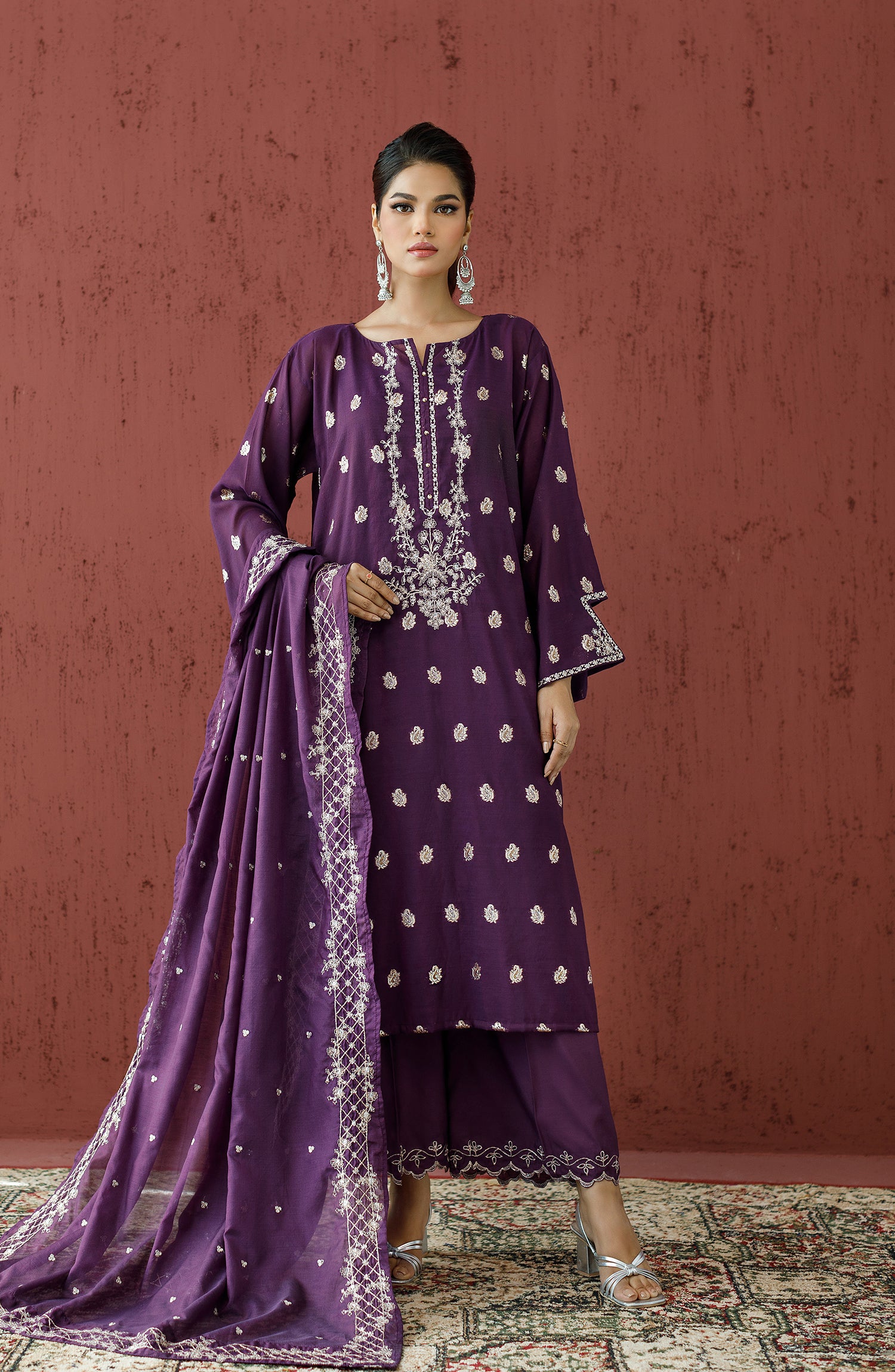 Stitched 3 Piece Embroidered Jacquard Shirt , Raw Silk Pant and Raw Silk Dupatta (OTLF-23-073/S PURPLE)