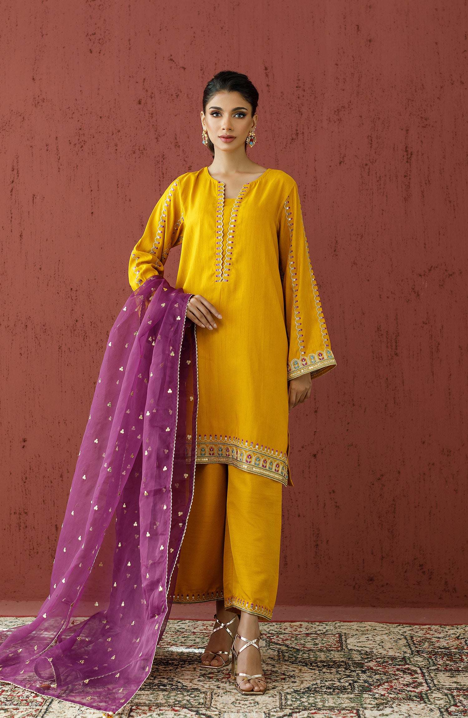 Stitched 3 Piece Embroidered Raw Silk Shirt , Raw Silk Pant and Organza Dupatta (WRFR23W-3006)