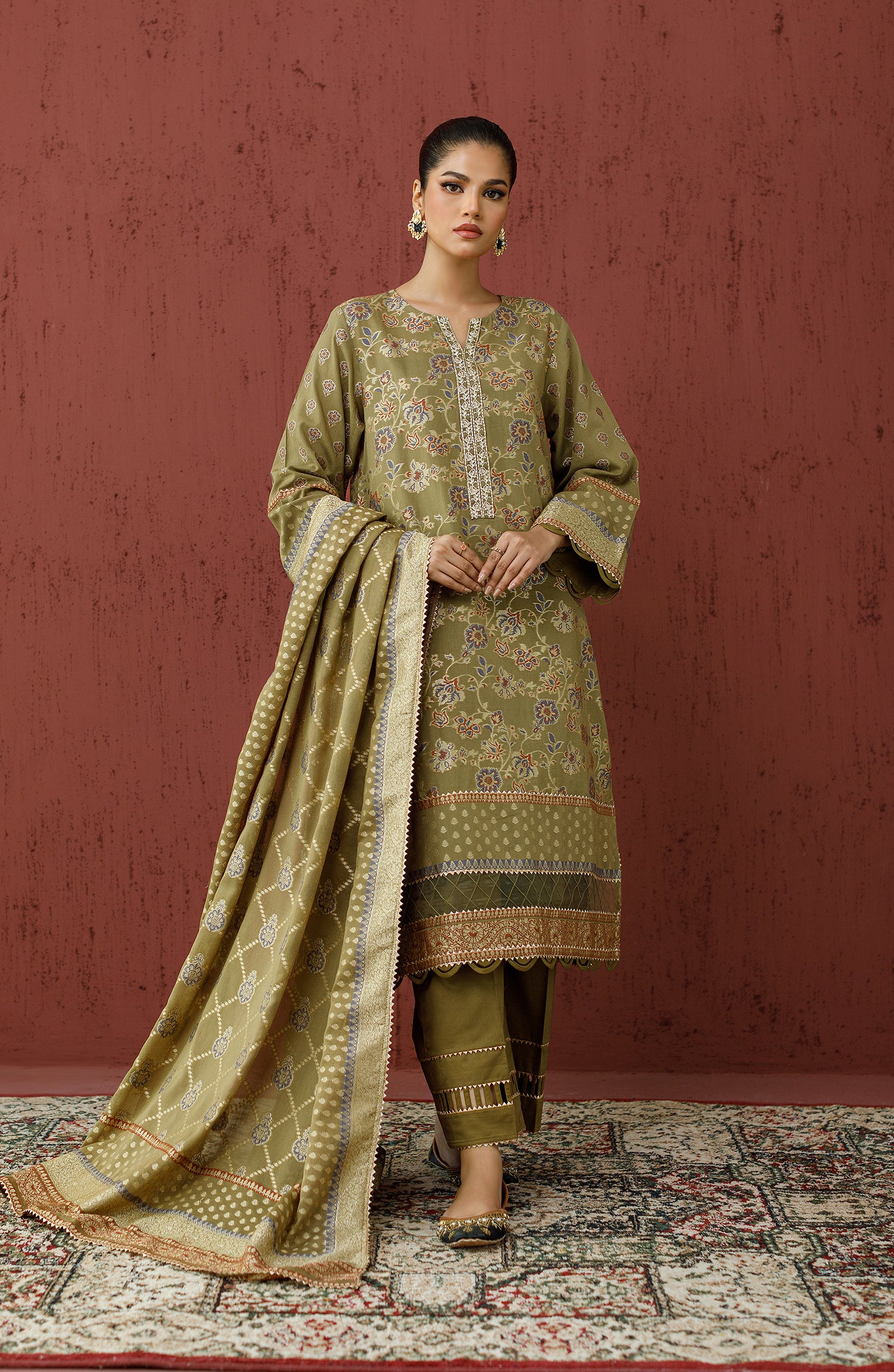 Unstitched 3 Piece Embroidered Jacquard Shirt , Cambric Pant and JACQUARD Dupatta (OTLF-23-077 MEHNDI)