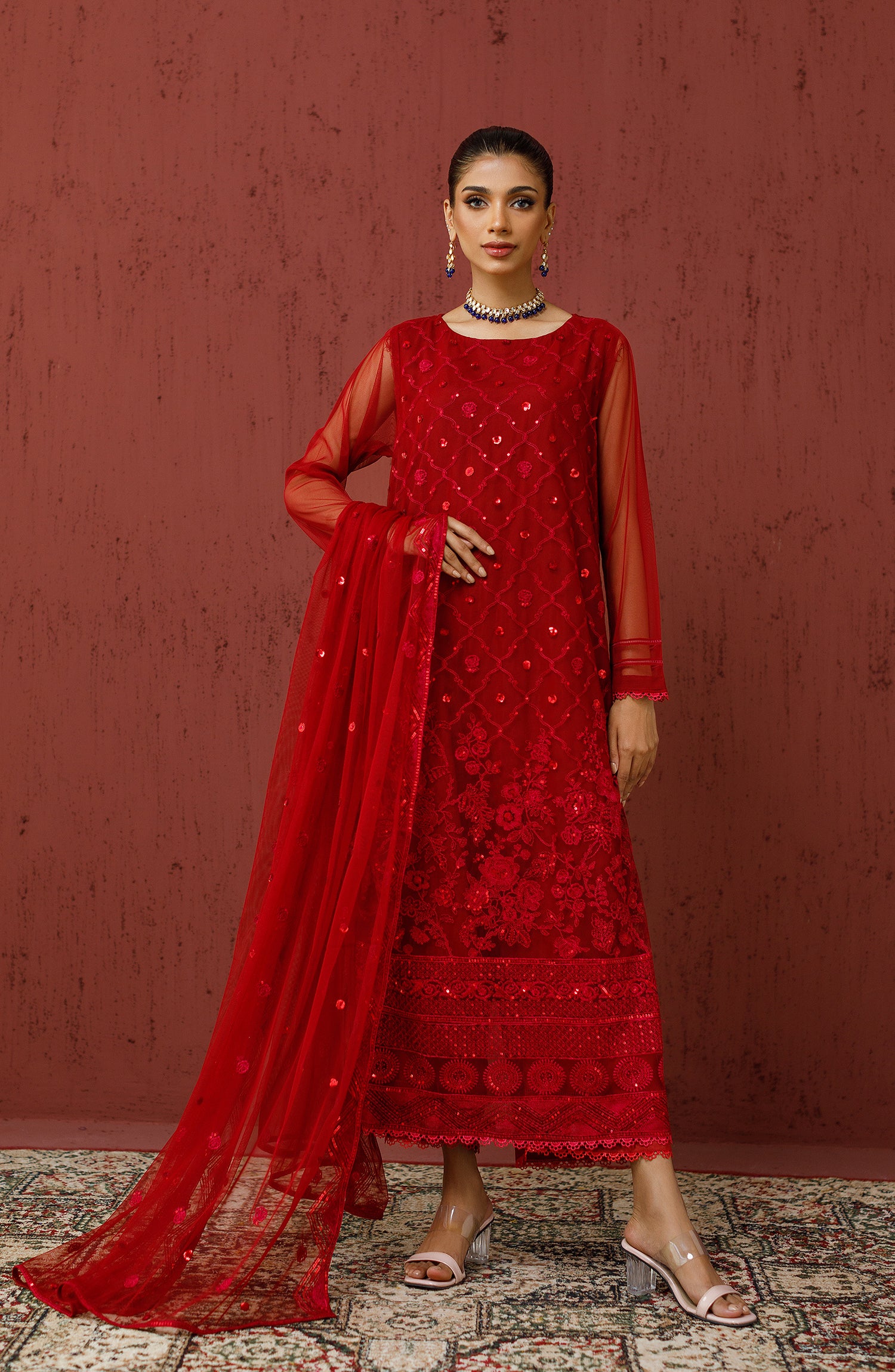 NF-SDT-23-030 RED POLY NET Women READY TO WEAR SHIRT DUPATTA PANTS