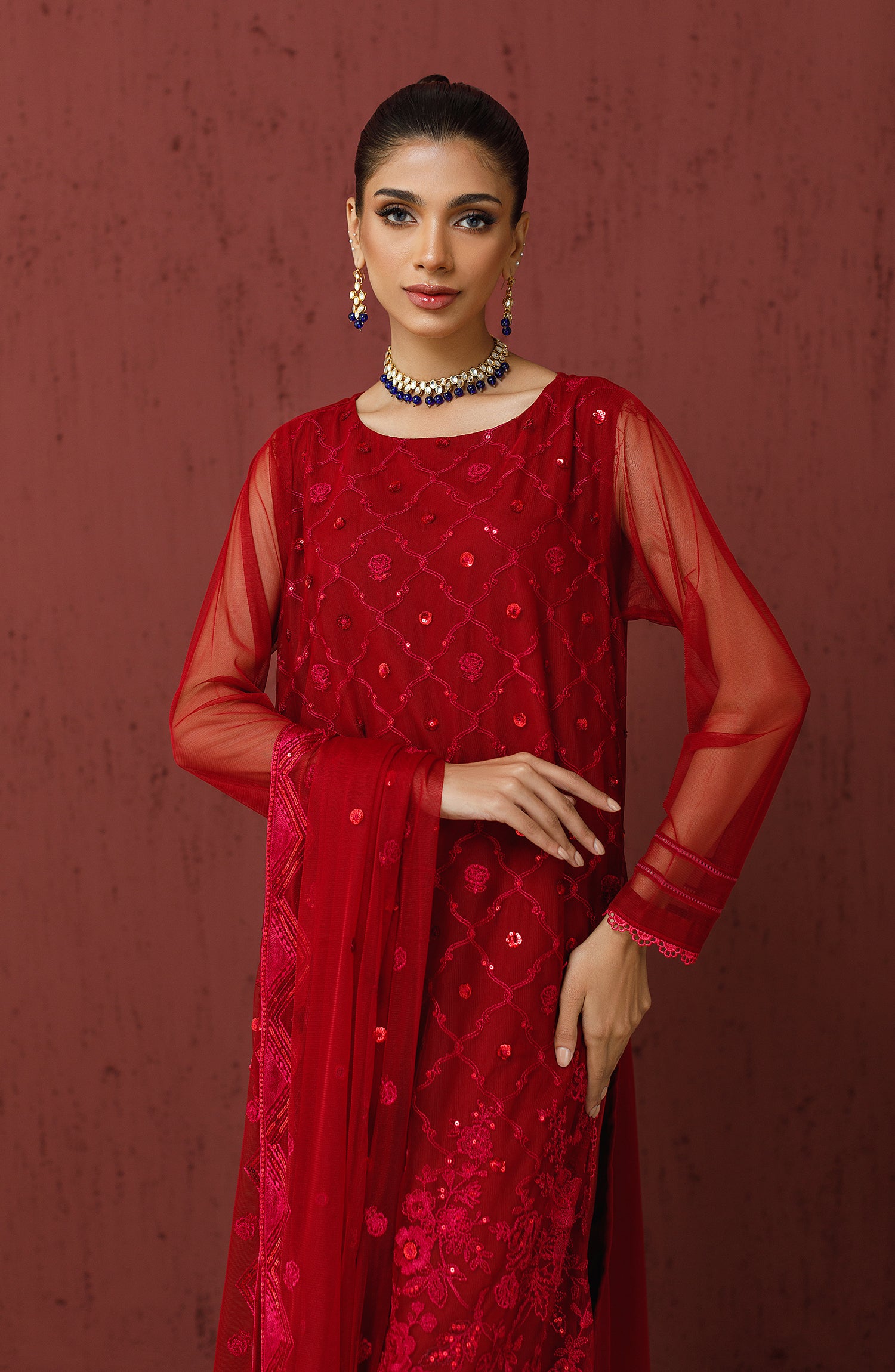 NF-SDT-23-030 RED POLY NET Women READY TO WEAR SHIRT DUPATTA PANTS