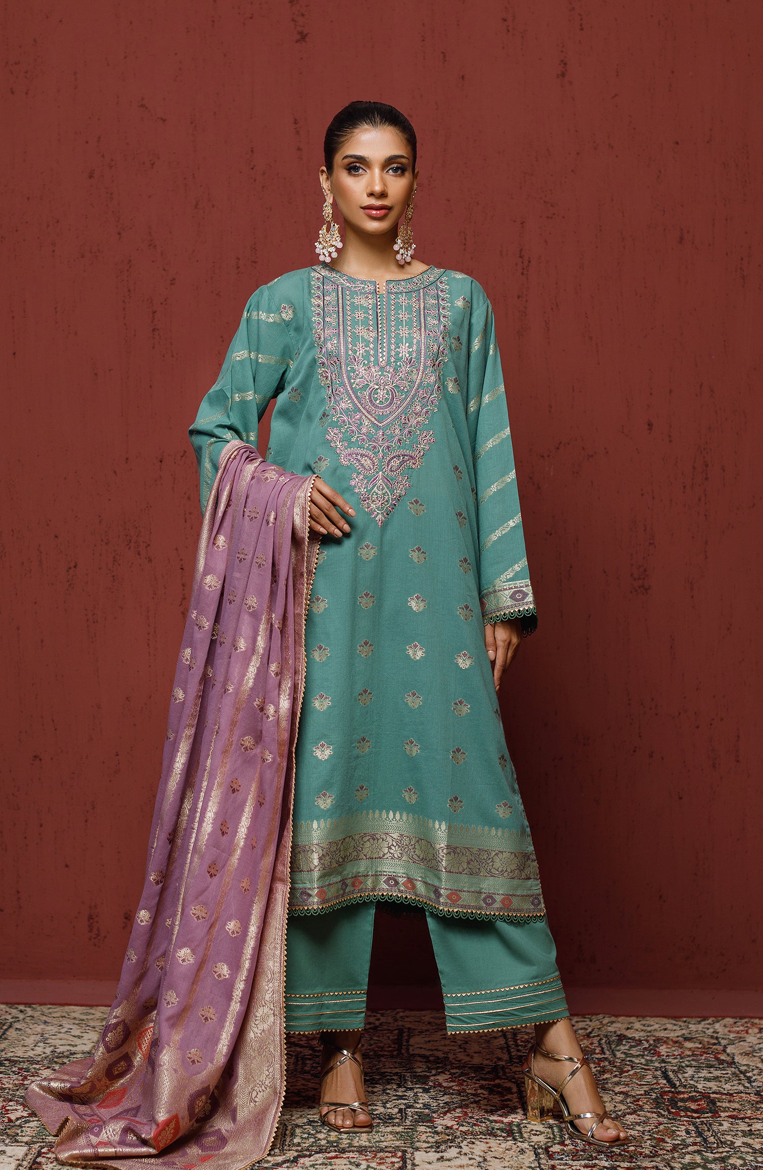 OTLF-23-079/S TEAL JACQUARD Women READY TO WEAR SHIRT DUPATTA PANTS