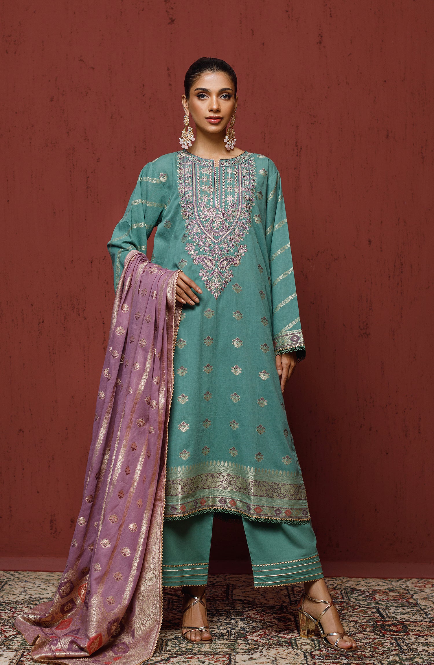 Unstitched 3 Piece Embroidered Jacquard Shirt , Cambric Pant and JACQUARD Dupatta (OTLF-23-079 TEAL)