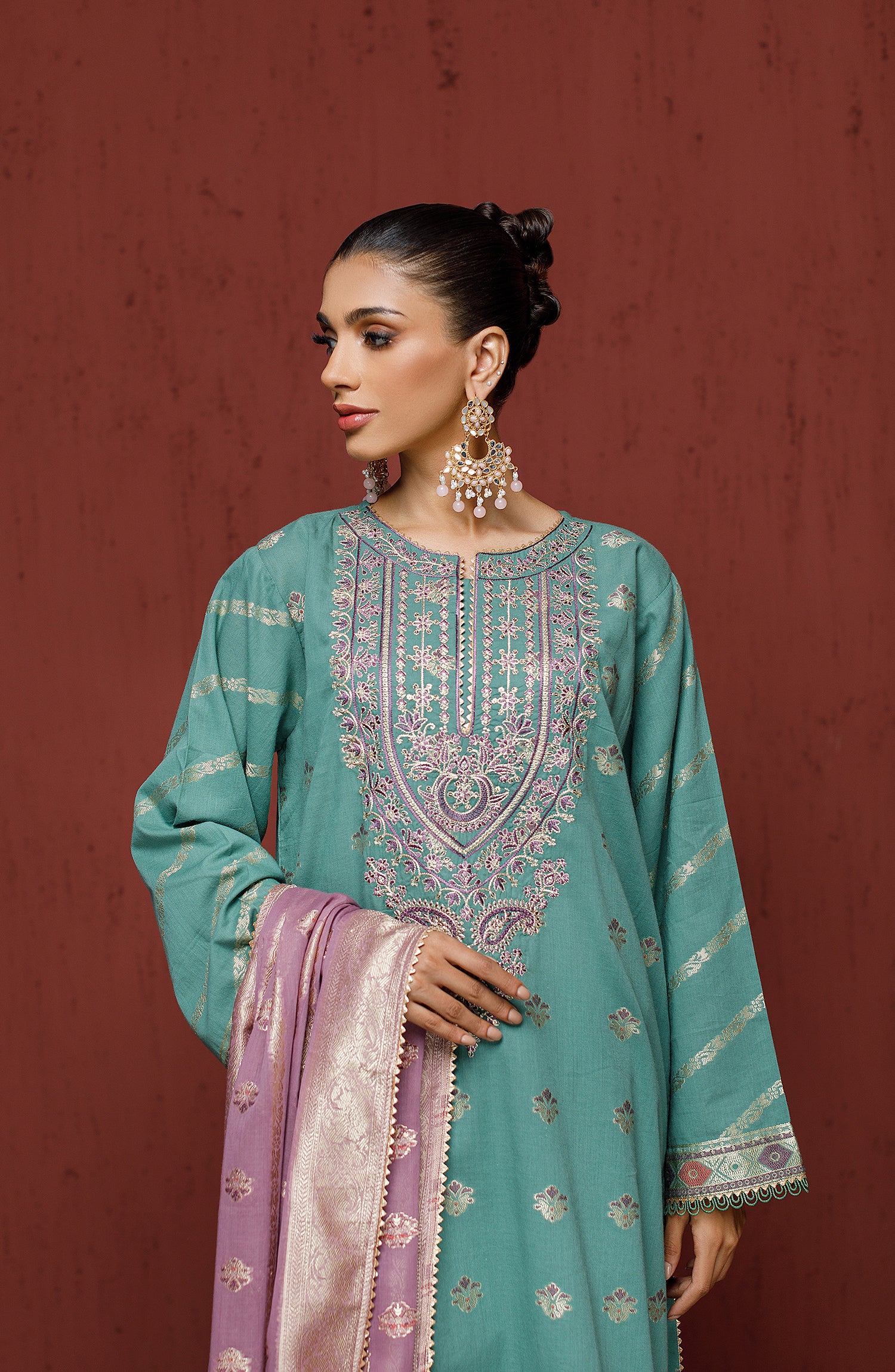 Unstitched 3 Piece Embroidered Jacquard Shirt , Cambric Pant and JACQUARD Dupatta (OTLF-23-079 TEAL)