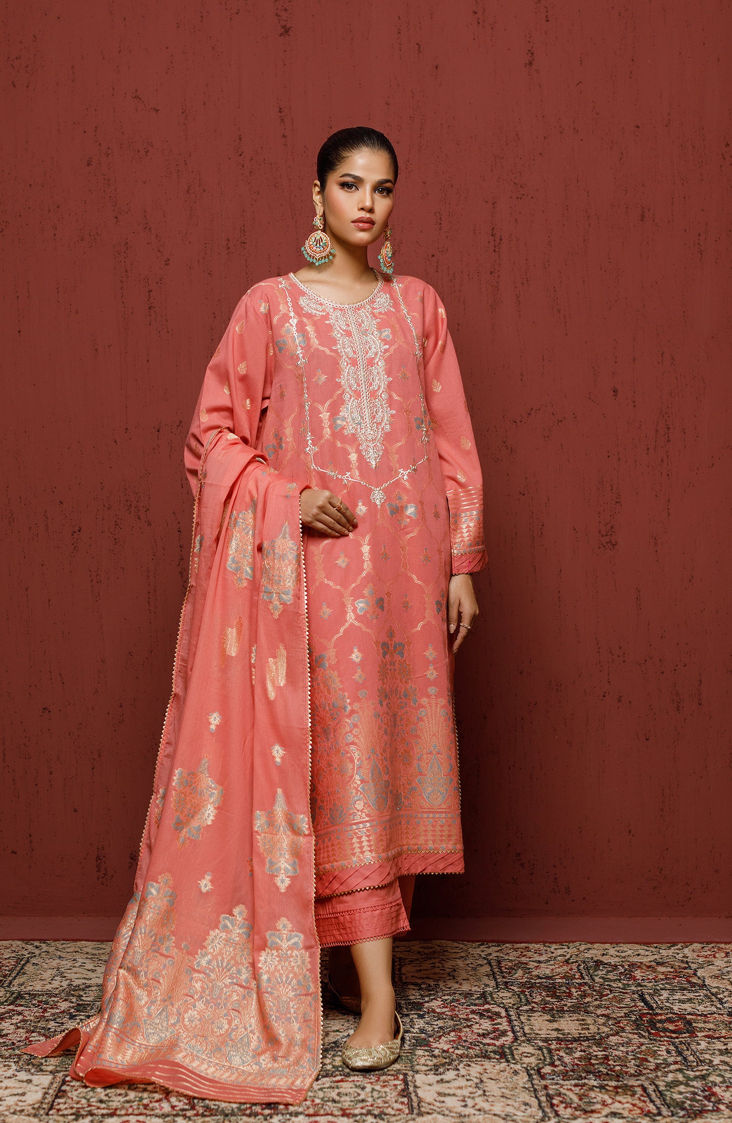 Unstitched 3 Piece Embroidered Jacquard Shirt , Cambric Pant and JACQUARD Dupatta (OTLF-23-078 PINK)