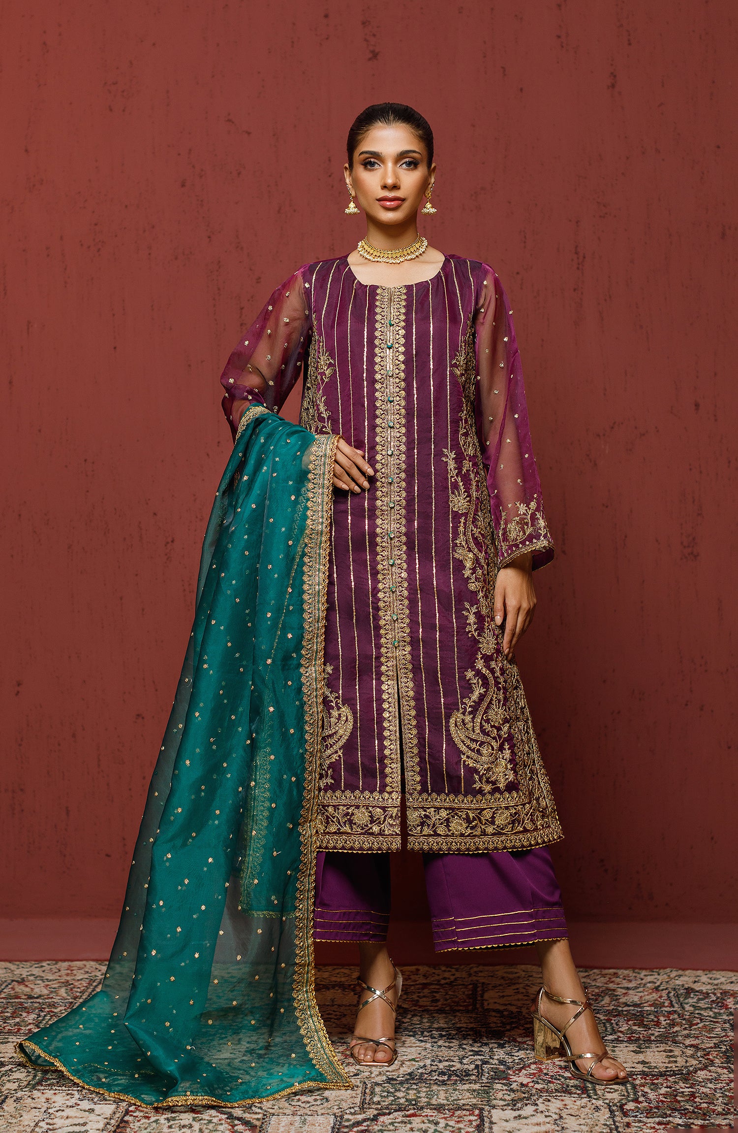 Stitched 3 Piece Embroidered Organza Shirt , Raw Silk Pant and Organza Dupatta (OTLF-23-060/S PURPLE)