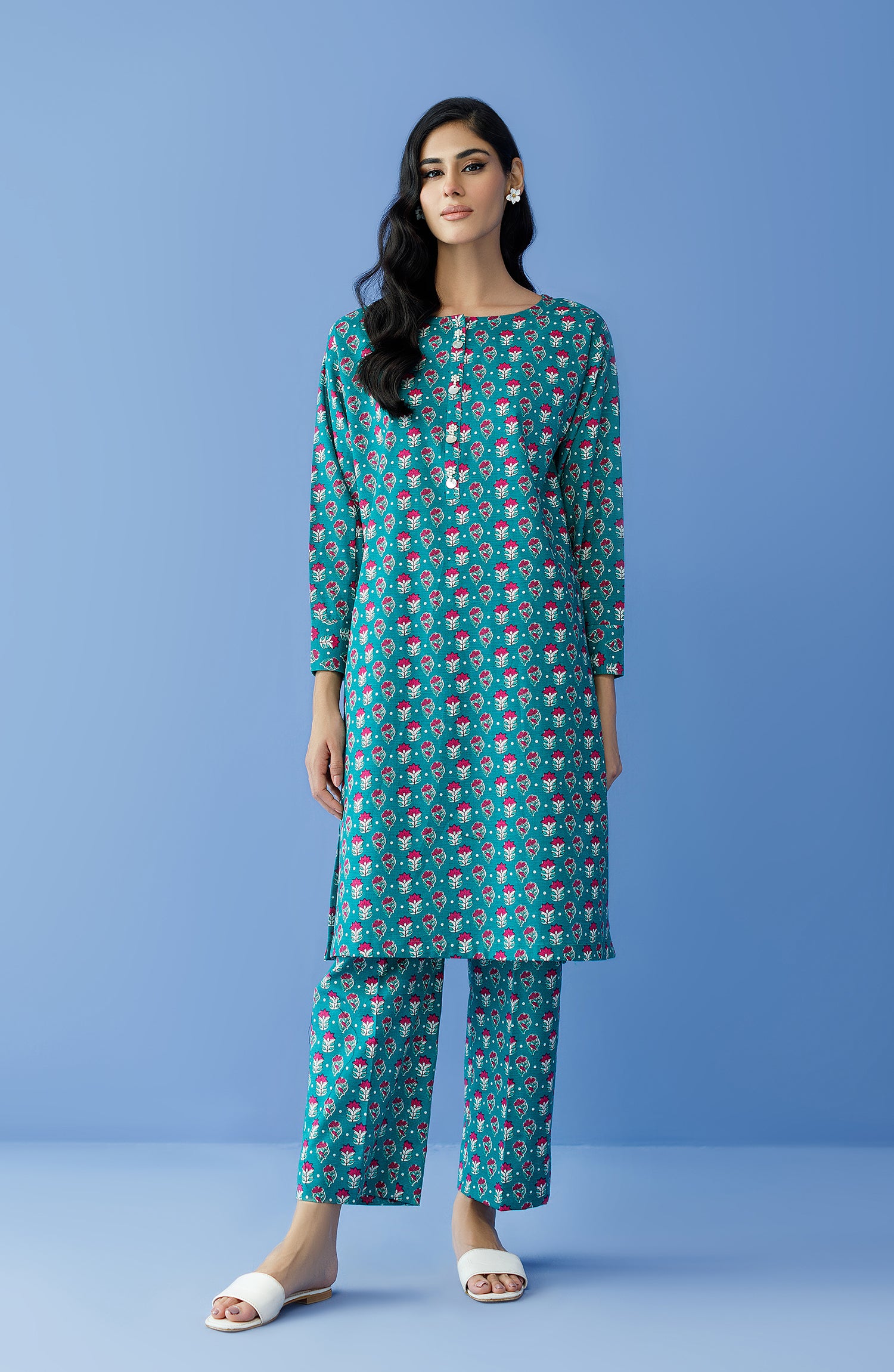 NRDS-23-203/S TEAL COTTON TEXTURED Women READY TO WEAR SHIRT PANTS