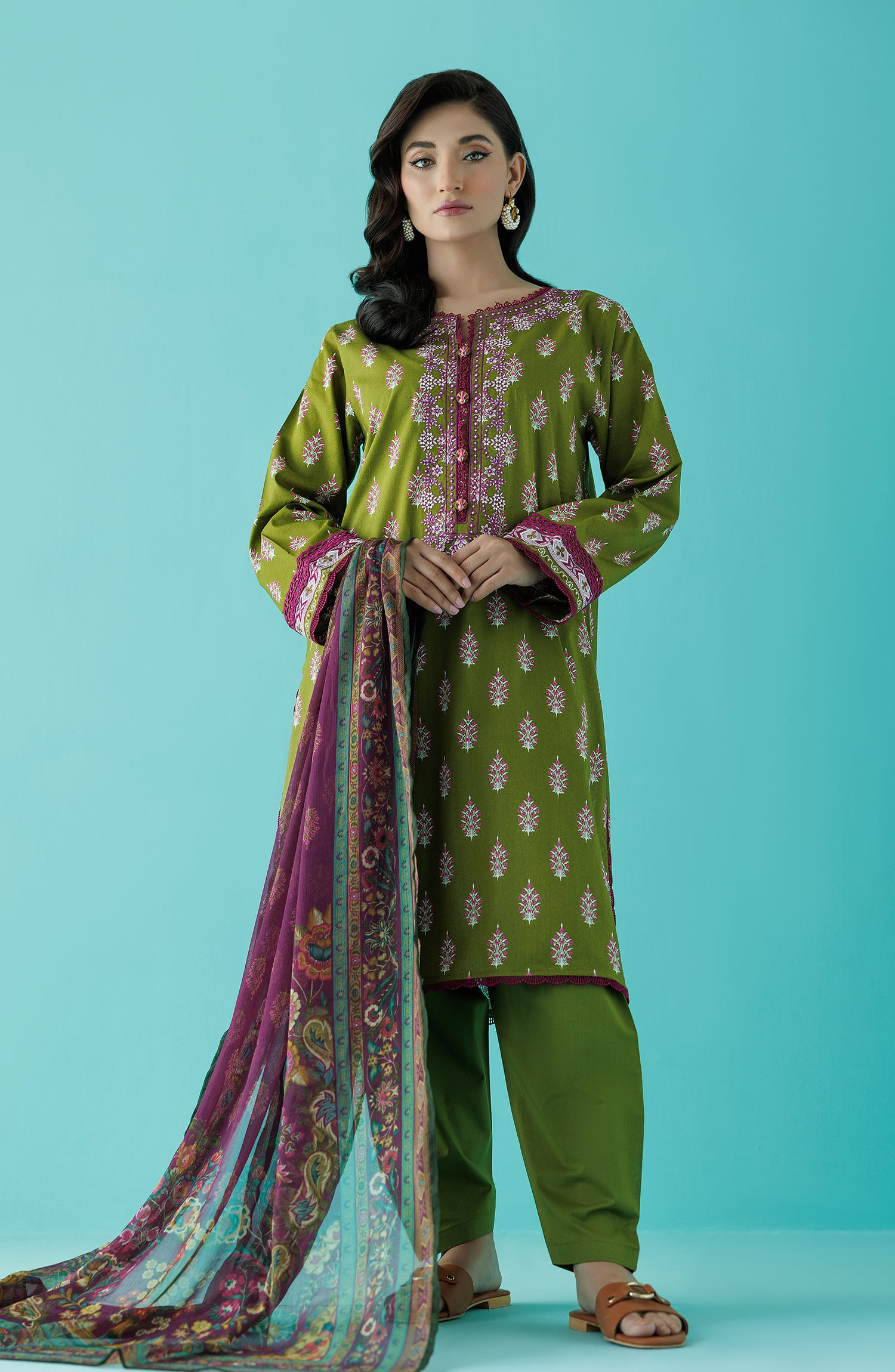 Unstitched 3 Piece Printed Embroidered Lawn Shirt , Cambric Pant and Chiffon Dupatta (OTL-24-040/U GREEN)