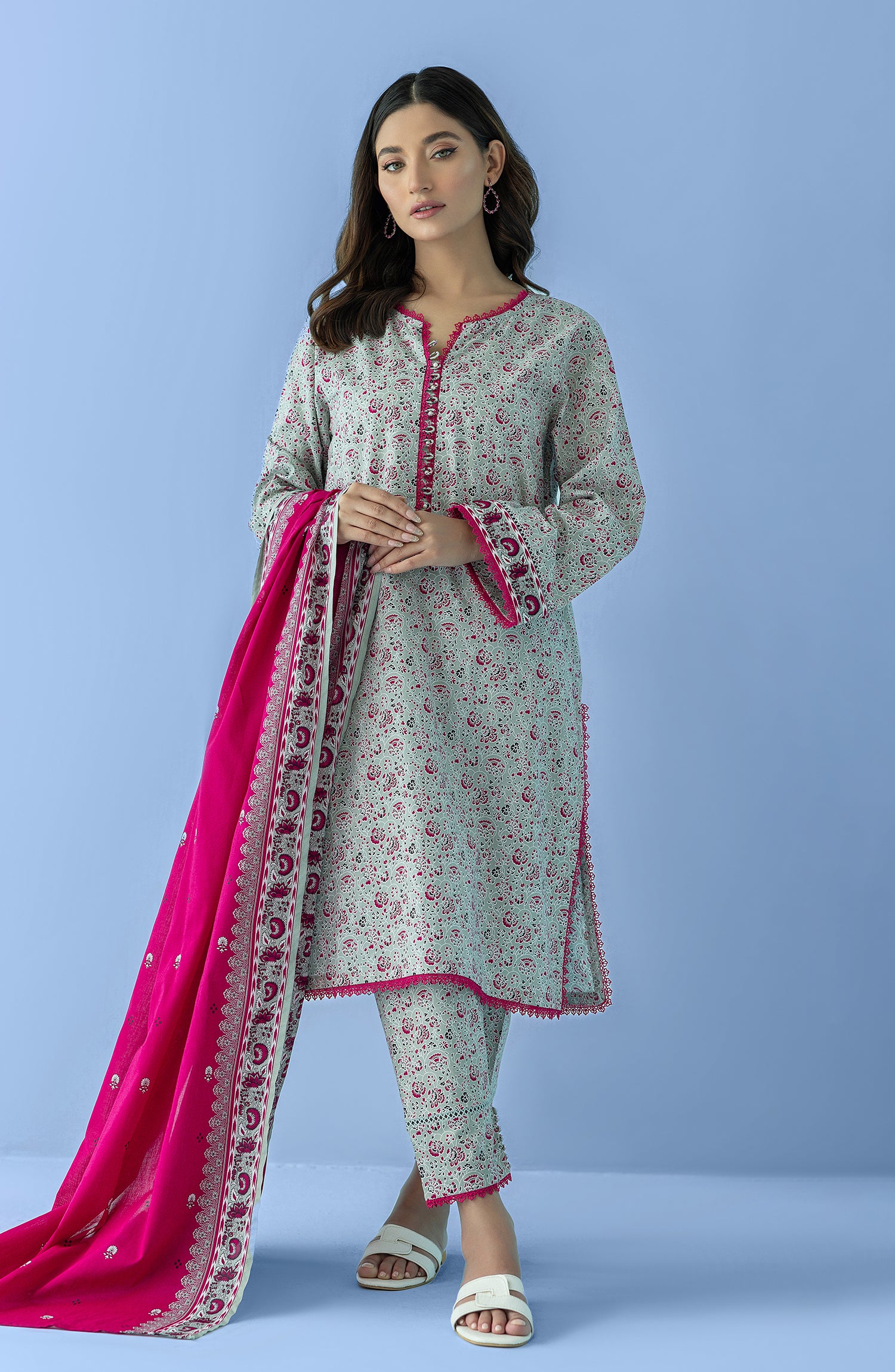 Stitched 3 Piece Printed Lawn Shirt , Cambric Pant and Lawn Dupatta (OTL-24-071/S GREY)