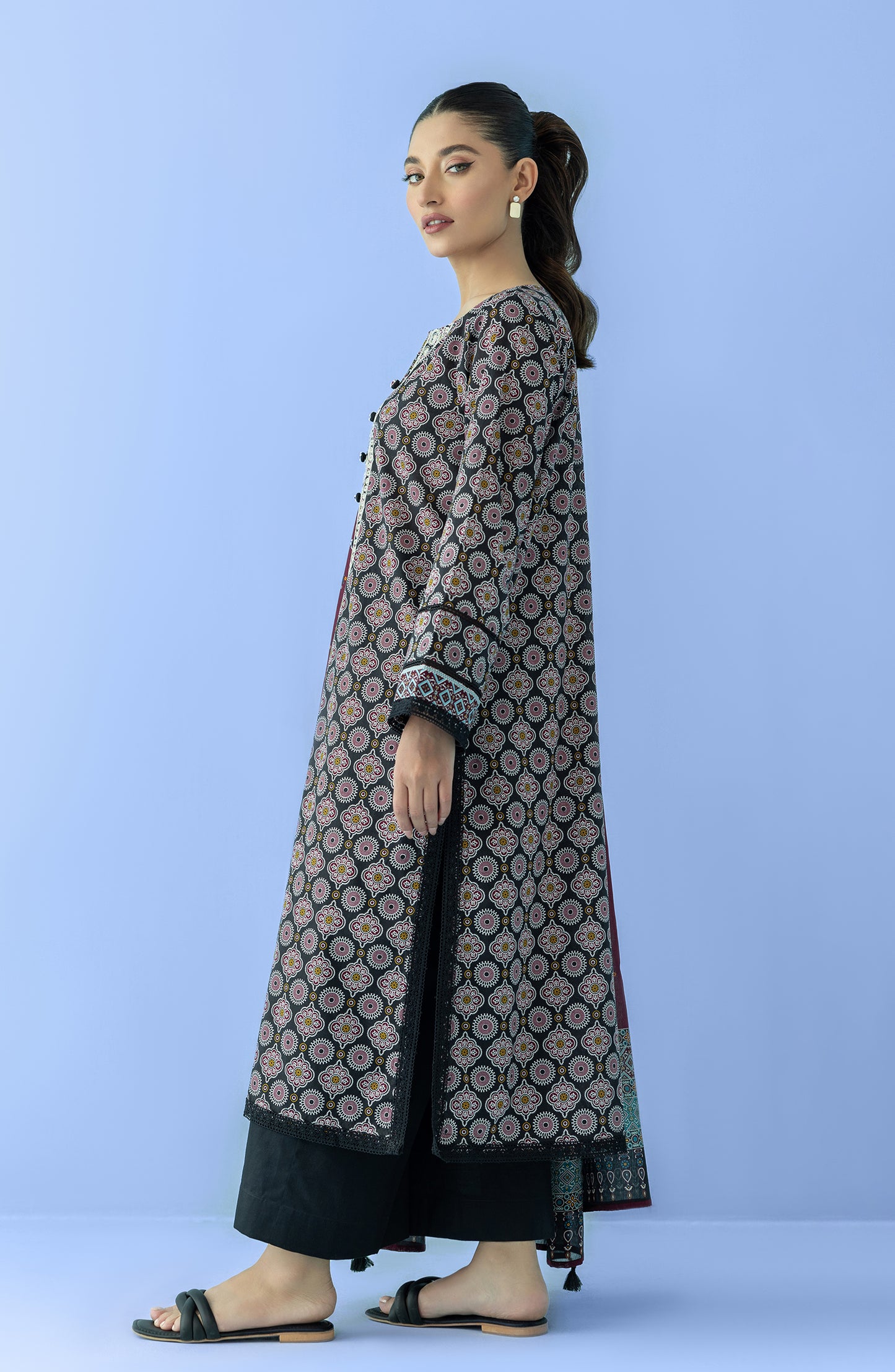 Stitched 3 Piece Embroidered Lawn Shirt , Cambric Pant and Lawn Dupatta (OTL-24-021/S BLACK)