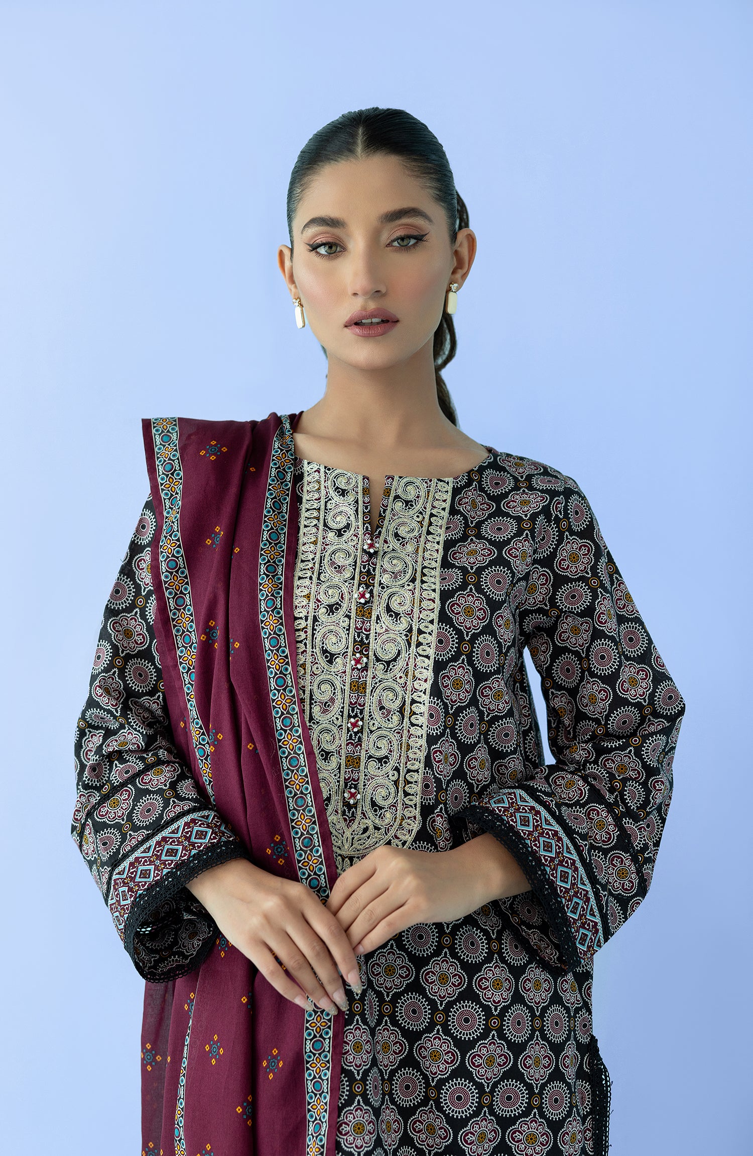 Stitched 3 Piece Embroidered Lawn Shirt , Cambric Pant and Lawn Dupatta (OTL-24-021/S BLACK)