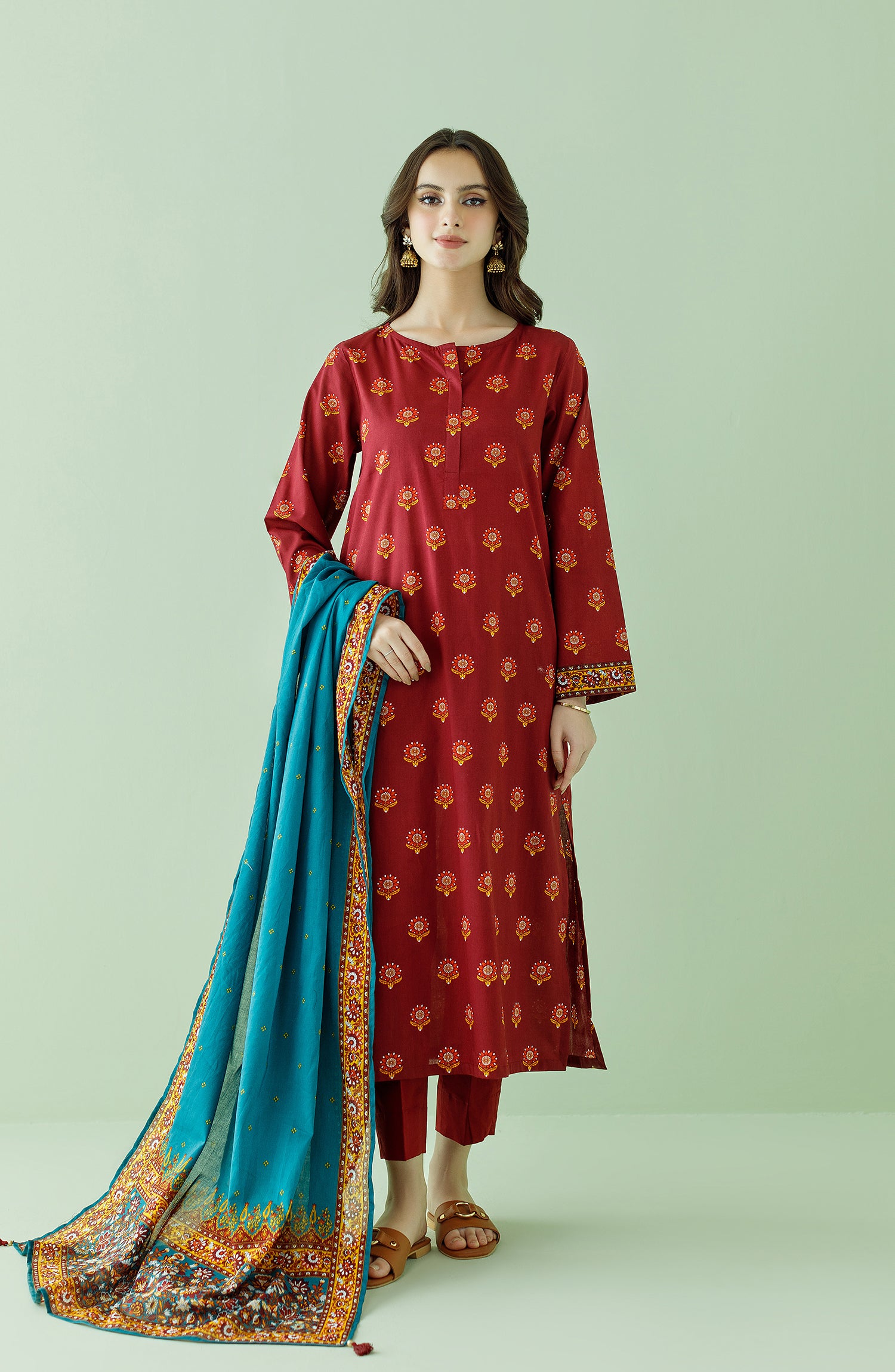 Stitched 3 Piece Printed Lawn Shirt , Cambric Pant and Lawn Dupatta (OTL-23-365/S MAROON)
